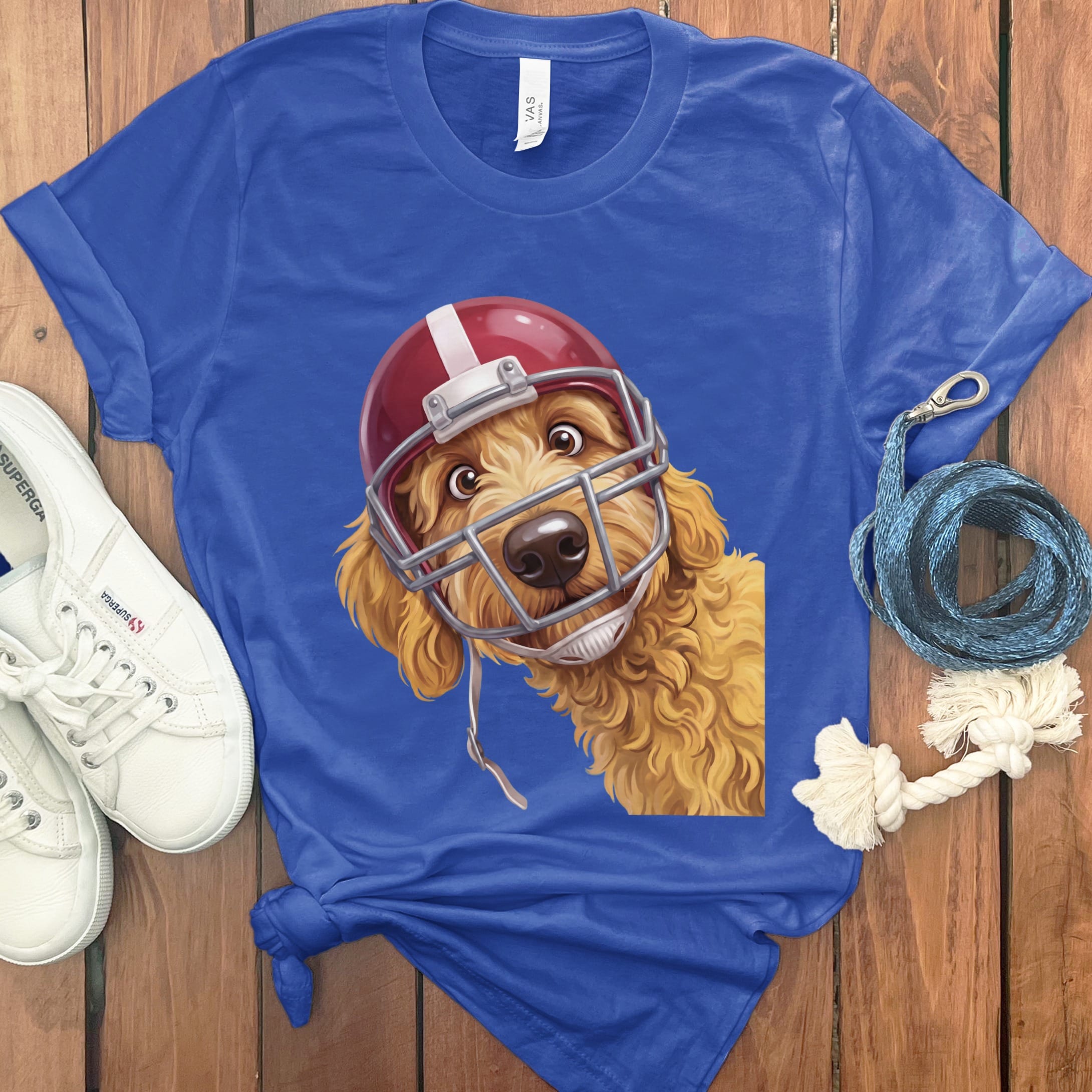Golden Goldendoodle Football Helmet T-Shirt in S / True Royal by Puppy Jo