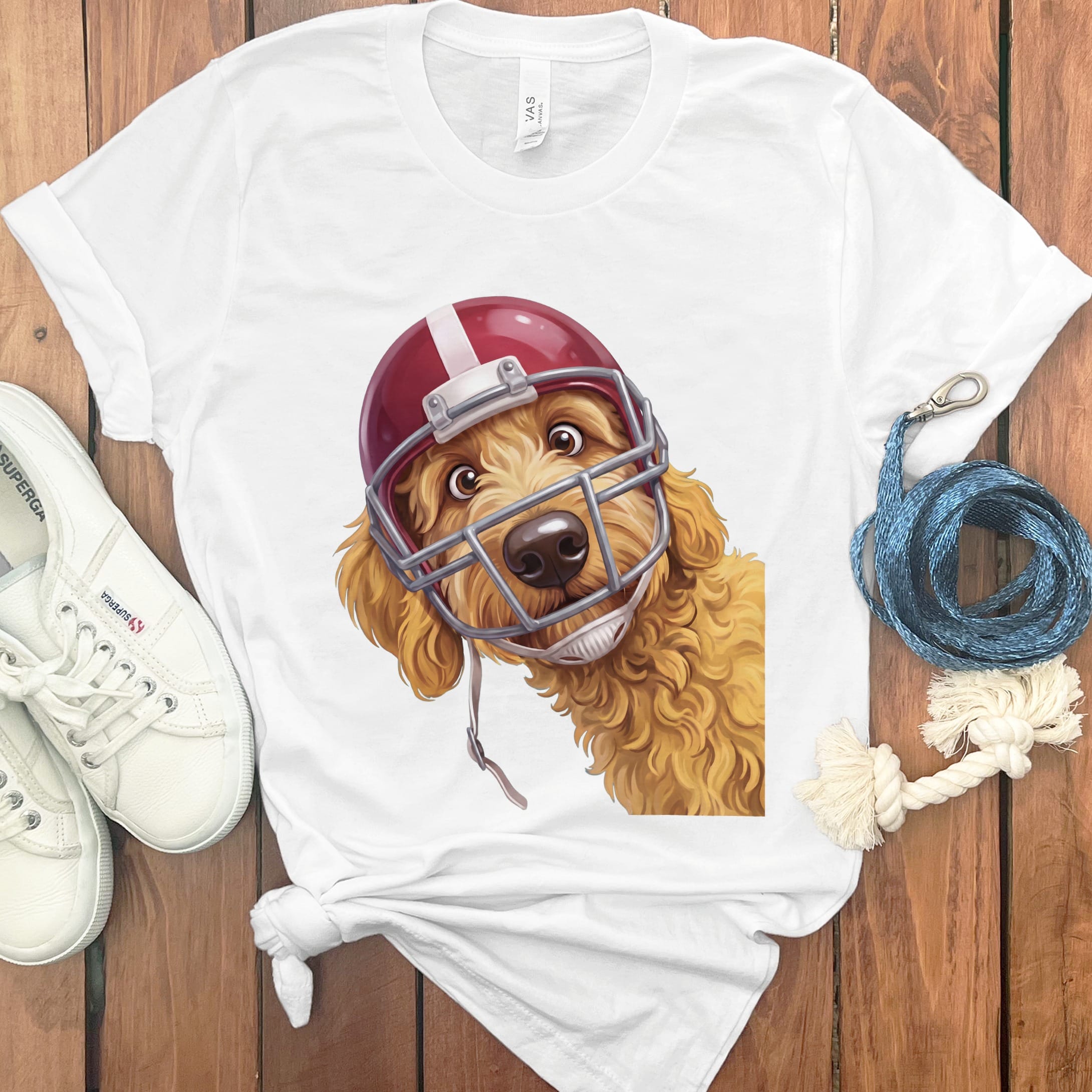 Golden Goldendoodle Football Helmet T-Shirt in S / White by Puppy Jo