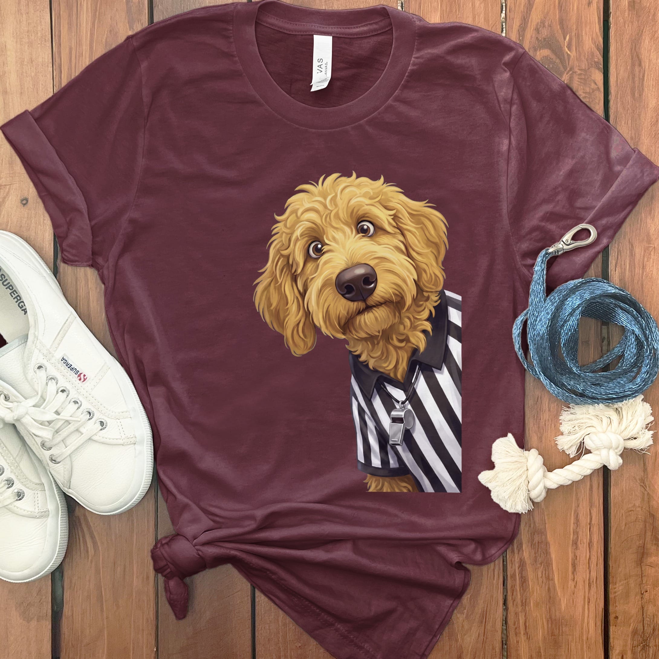 Golden Goldendoodle Football Referee T-Shirt in Maroon / S by Puppy Jo