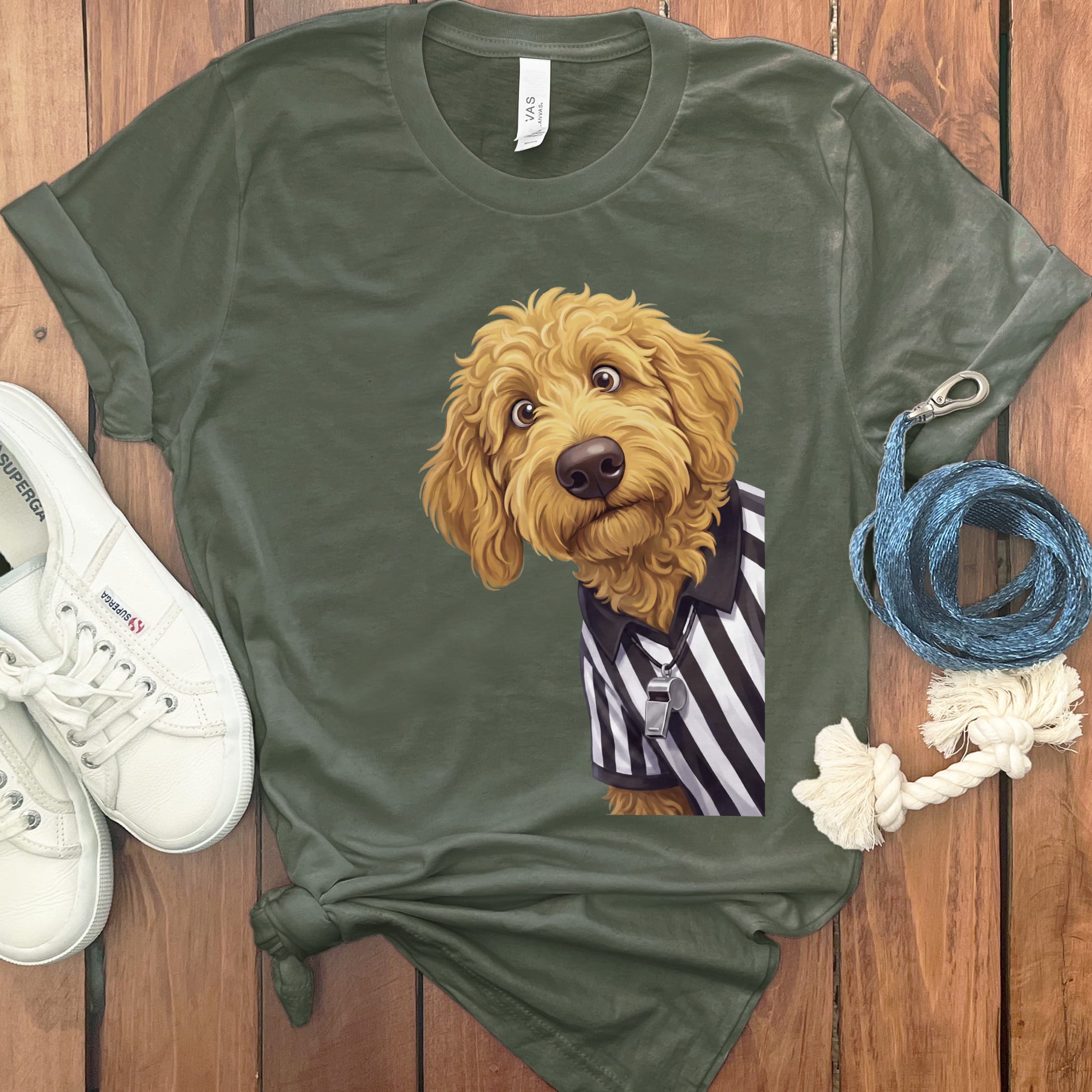 Golden Goldendoodle Football Referee T-Shirt in Military Green / S by Puppy Jo