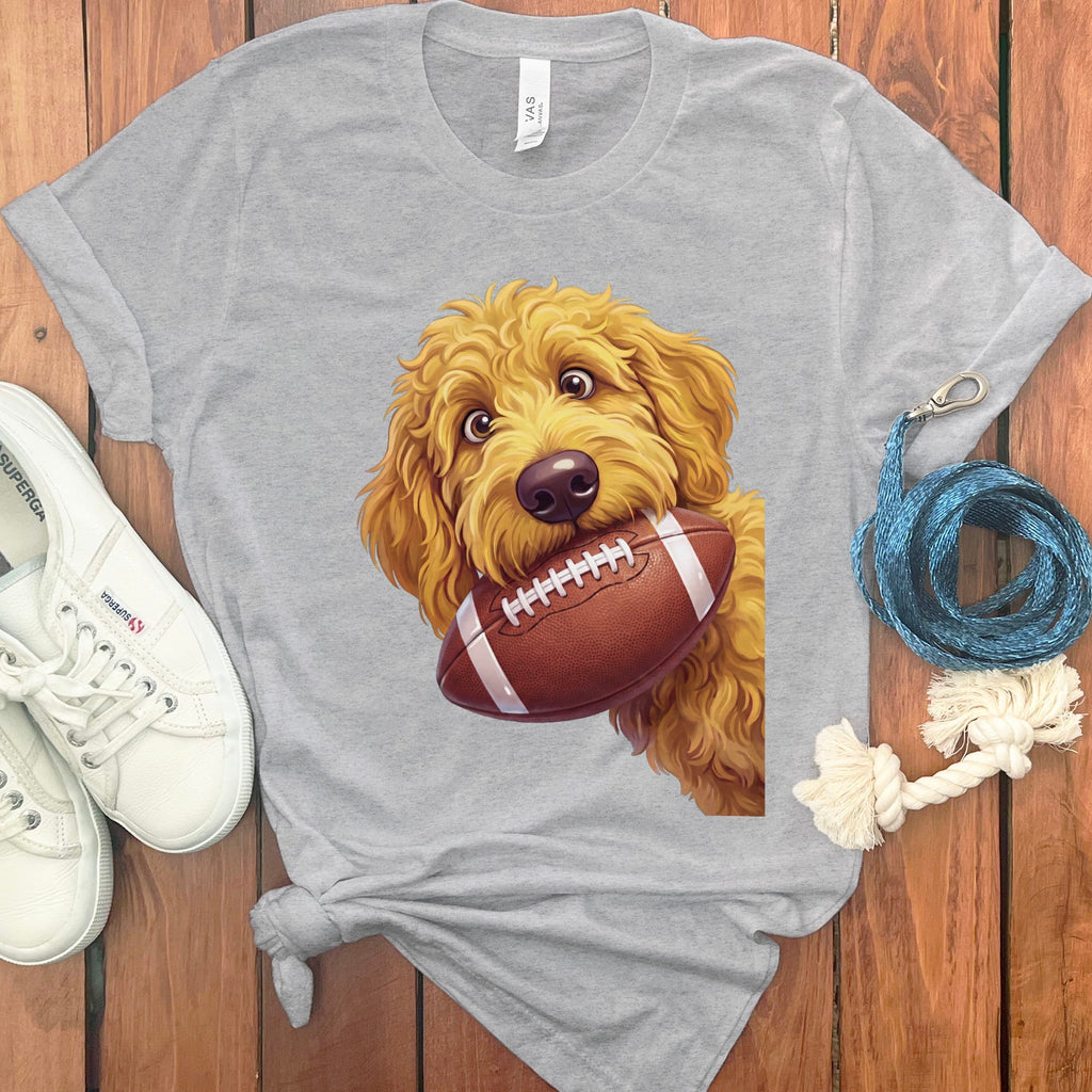 Golden Goldendoodle Football T-Shirt in Athletic Heather / S by Puppy Jo
