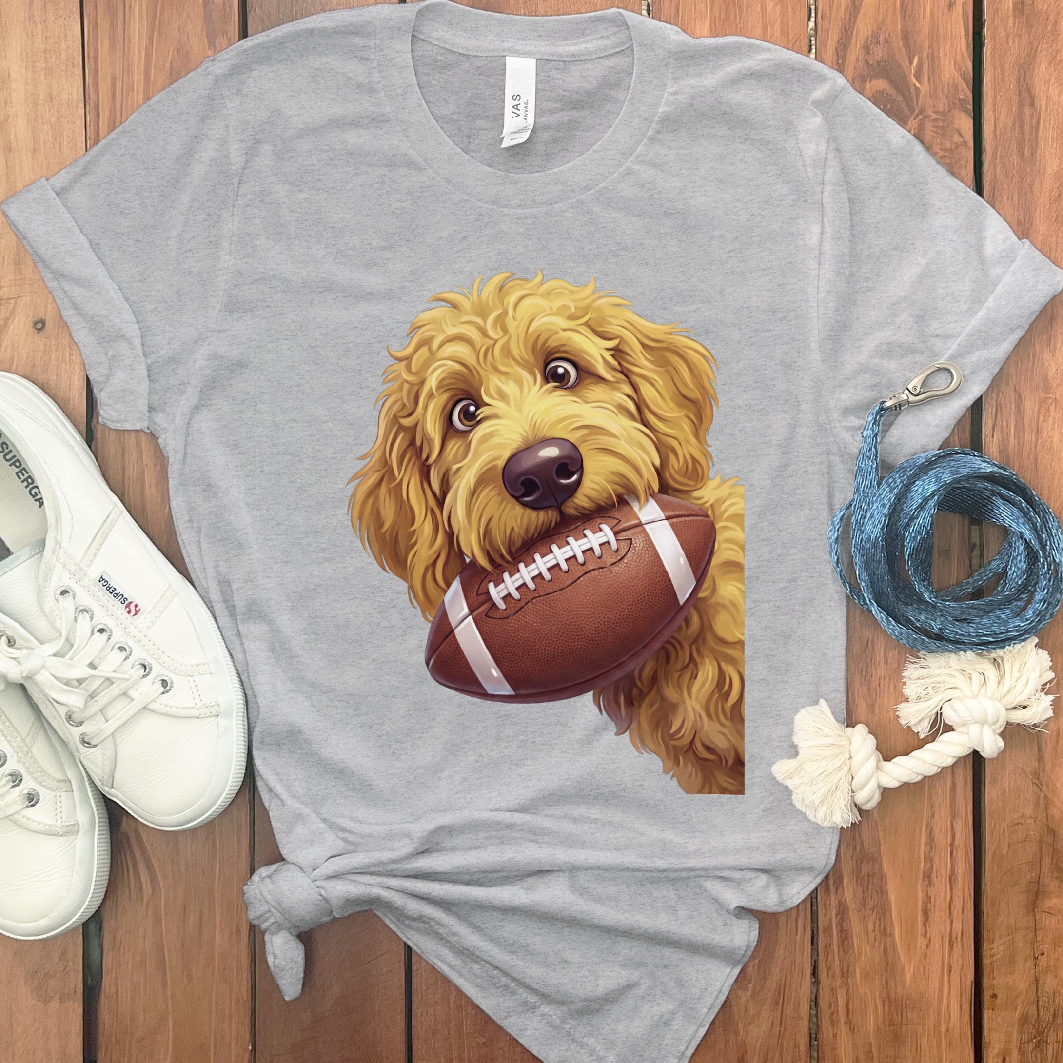 Golden Goldendoodle Football T-Shirt in Athletic Heather / S by Puppy Jo