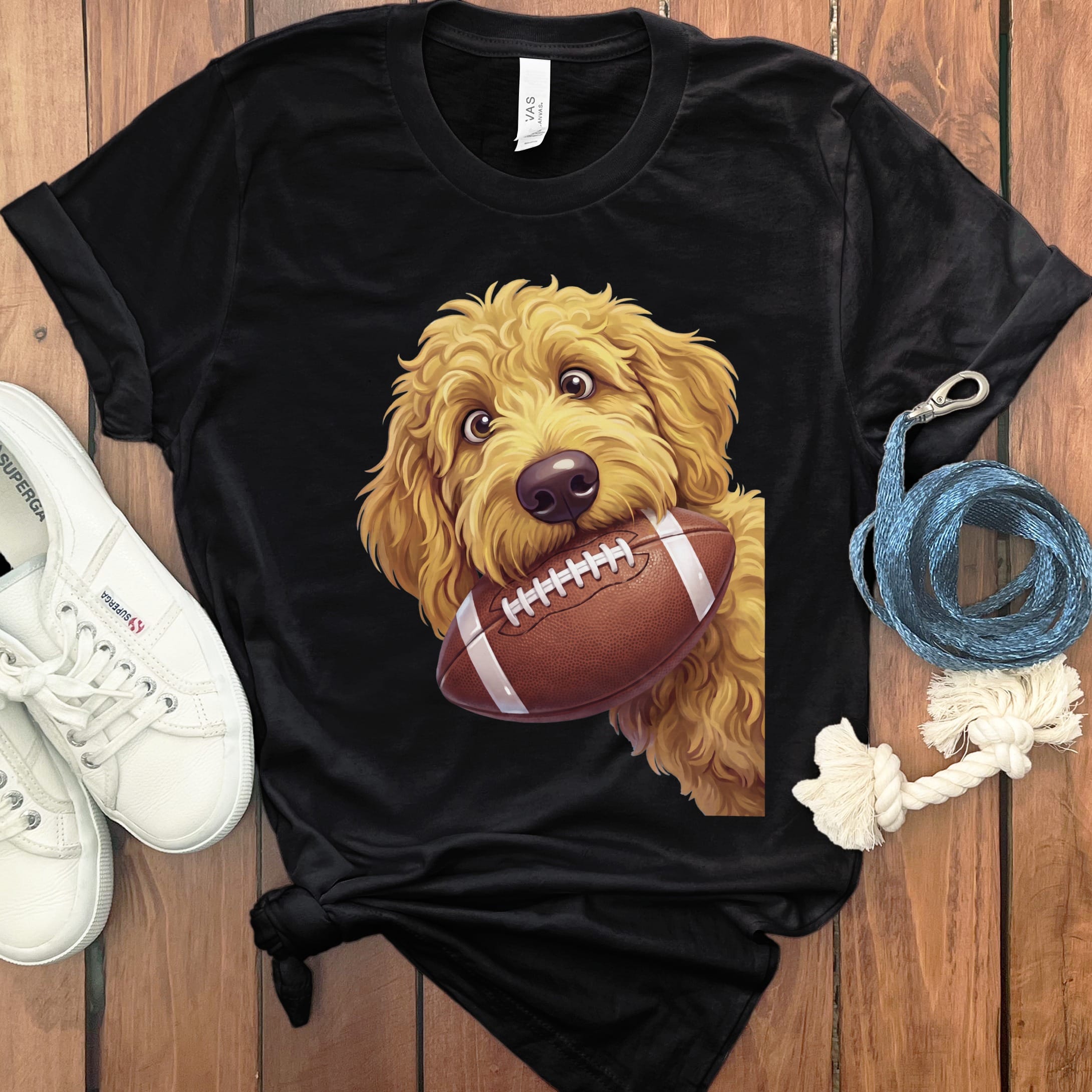 Golden Goldendoodle Football T-Shirt in Black / S by Puppy Jo