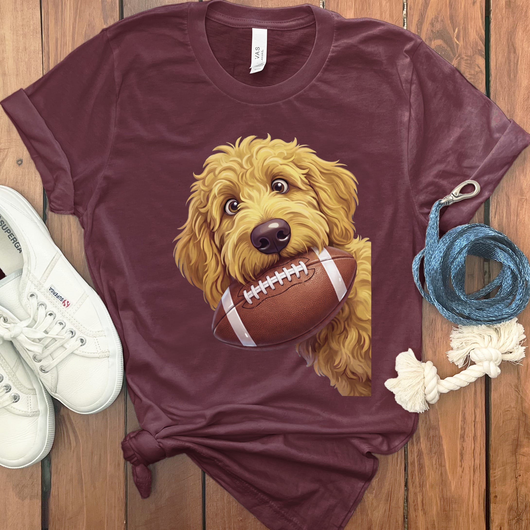 Golden Goldendoodle Football T-Shirt in Maroon / S by Puppy Jo