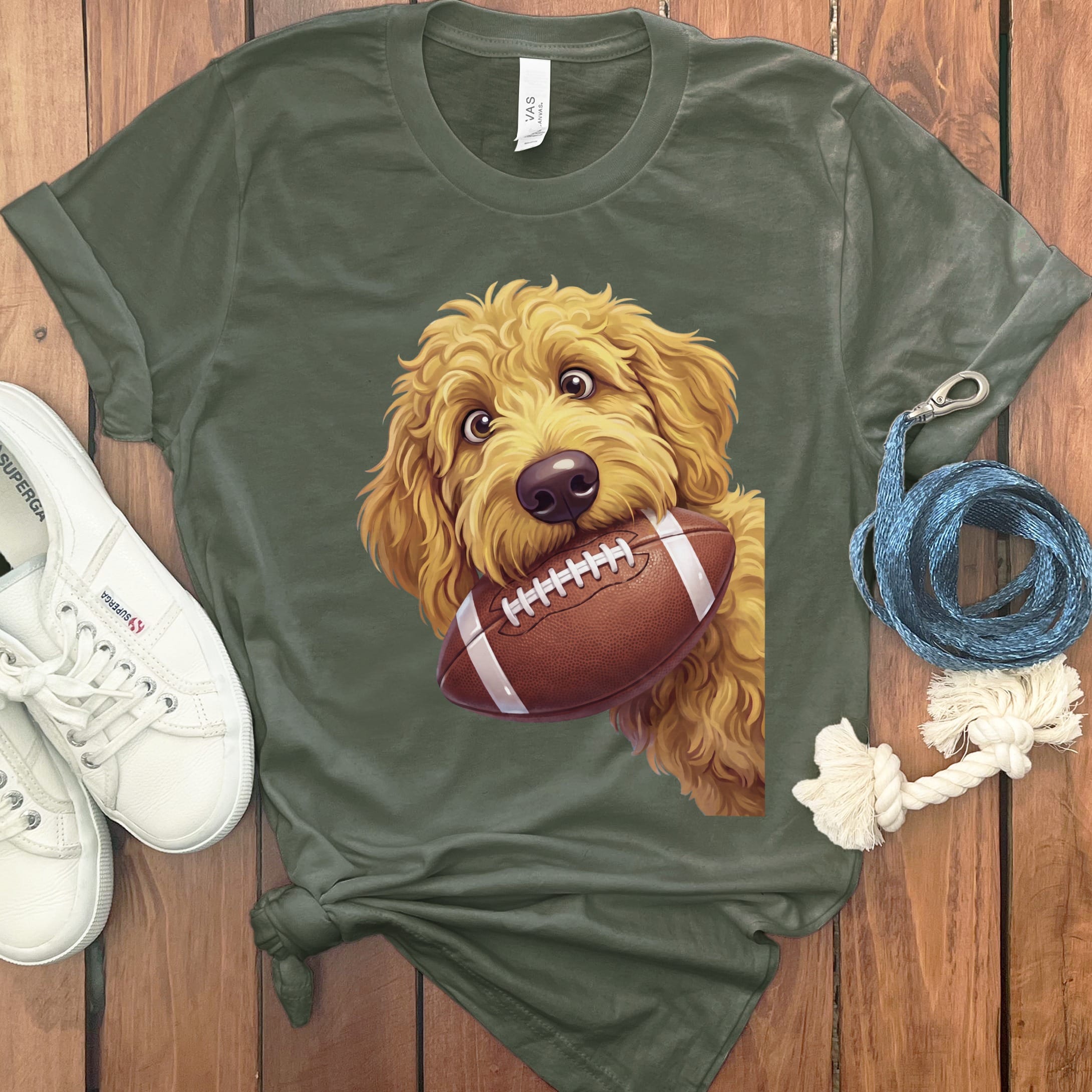 Golden Goldendoodle Football T-Shirt in Military Green / S by Puppy Jo