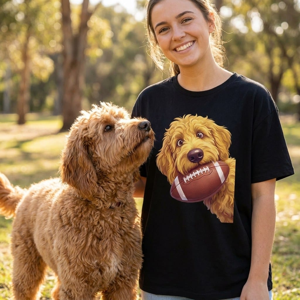 Golden Goldendoodle Football T-Shirt in by Puppy Jo