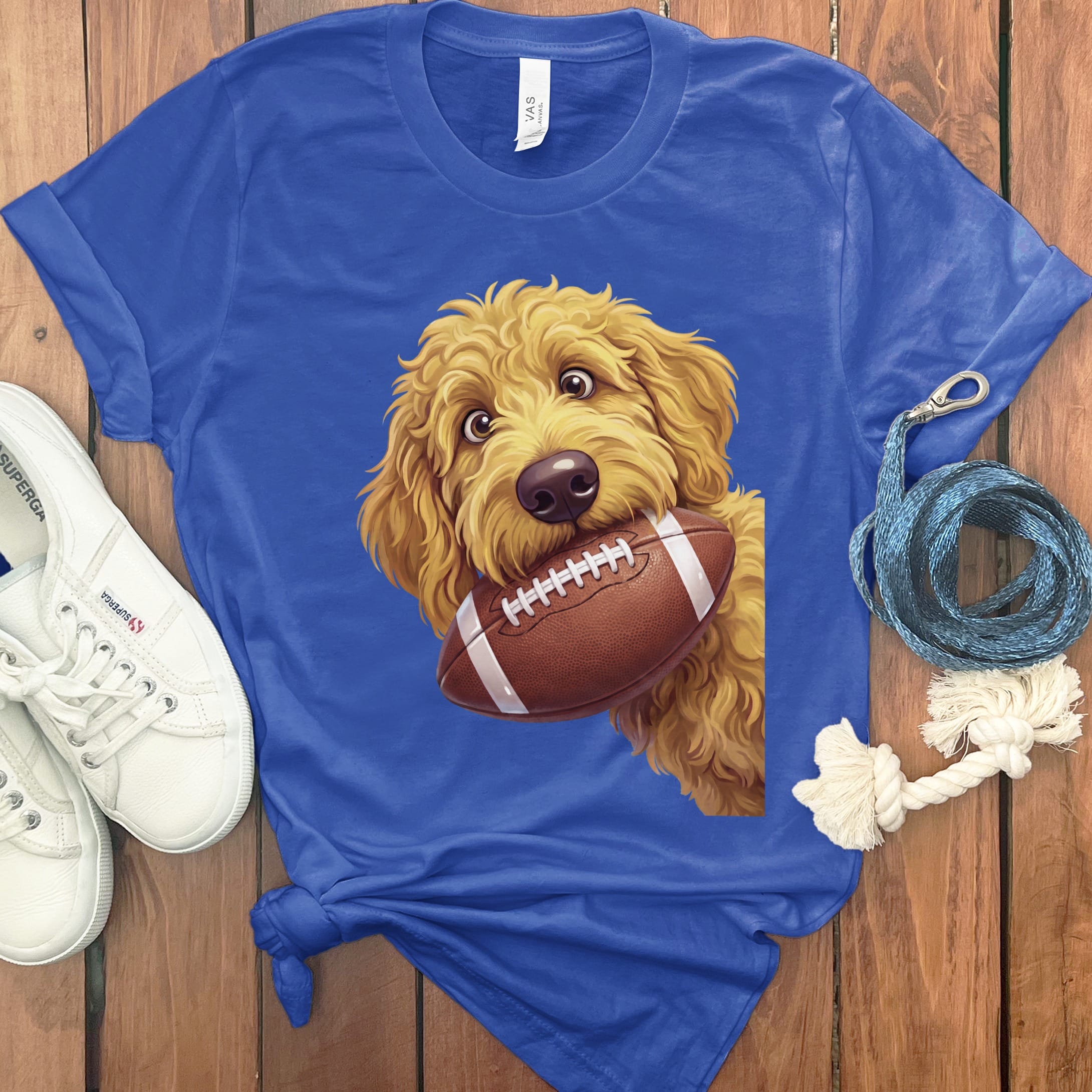 Golden Goldendoodle Football T-Shirt in True Royal / S by Puppy Jo