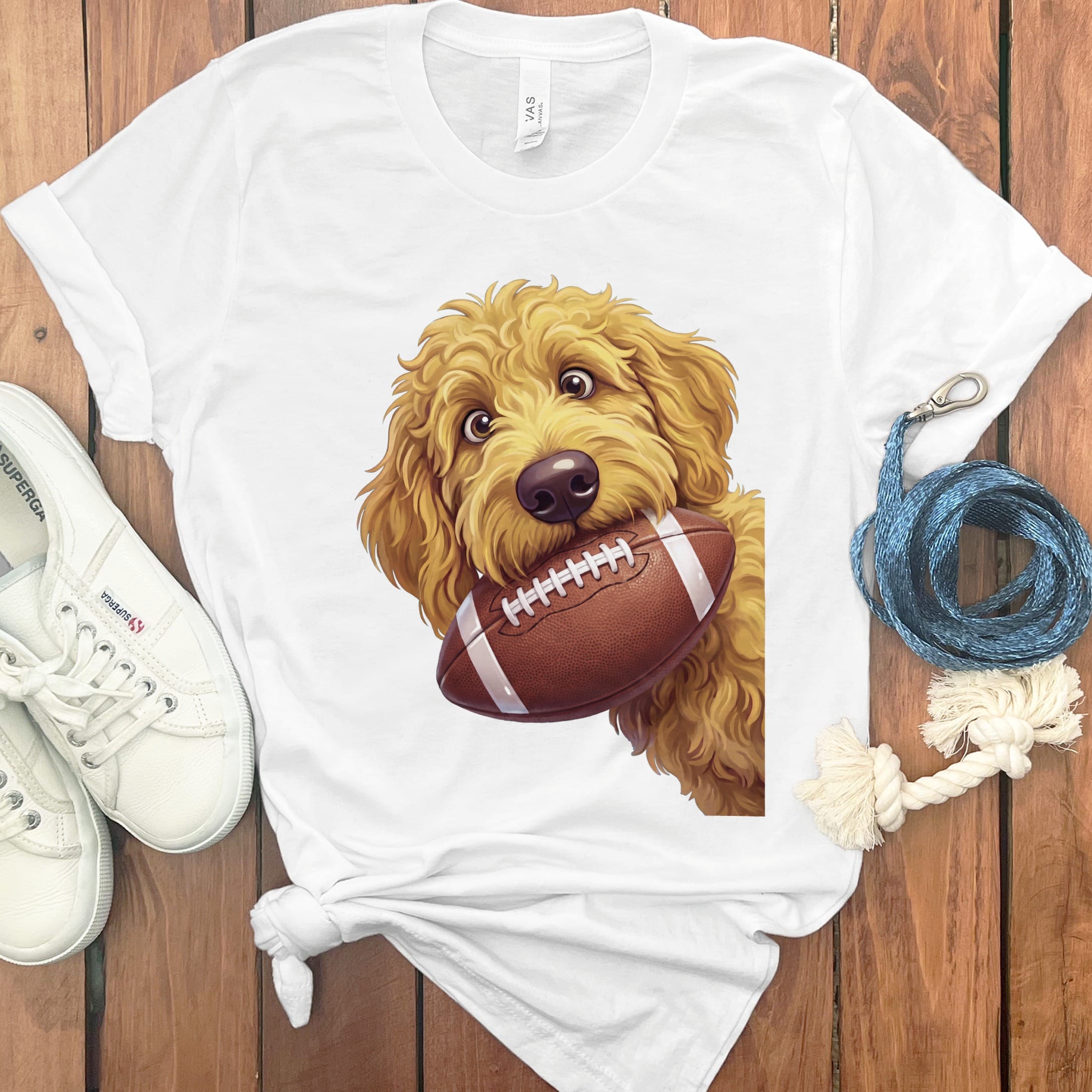 Golden Goldendoodle Football T-Shirt in White / S by Puppy Jo