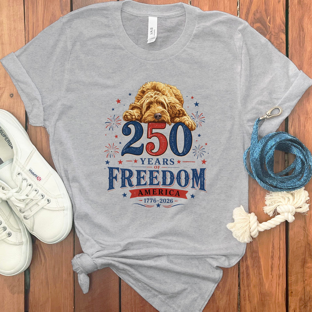 Golden Goldendoodle Freedom T-Shirt in Athletic Heather / S by Puppy Jo