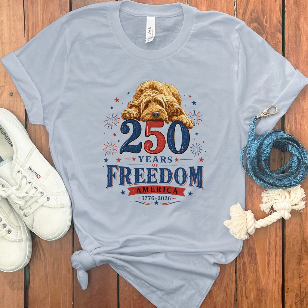 Golden Goldendoodle Freedom T-Shirt in Light Blue / S by Puppy Jo
