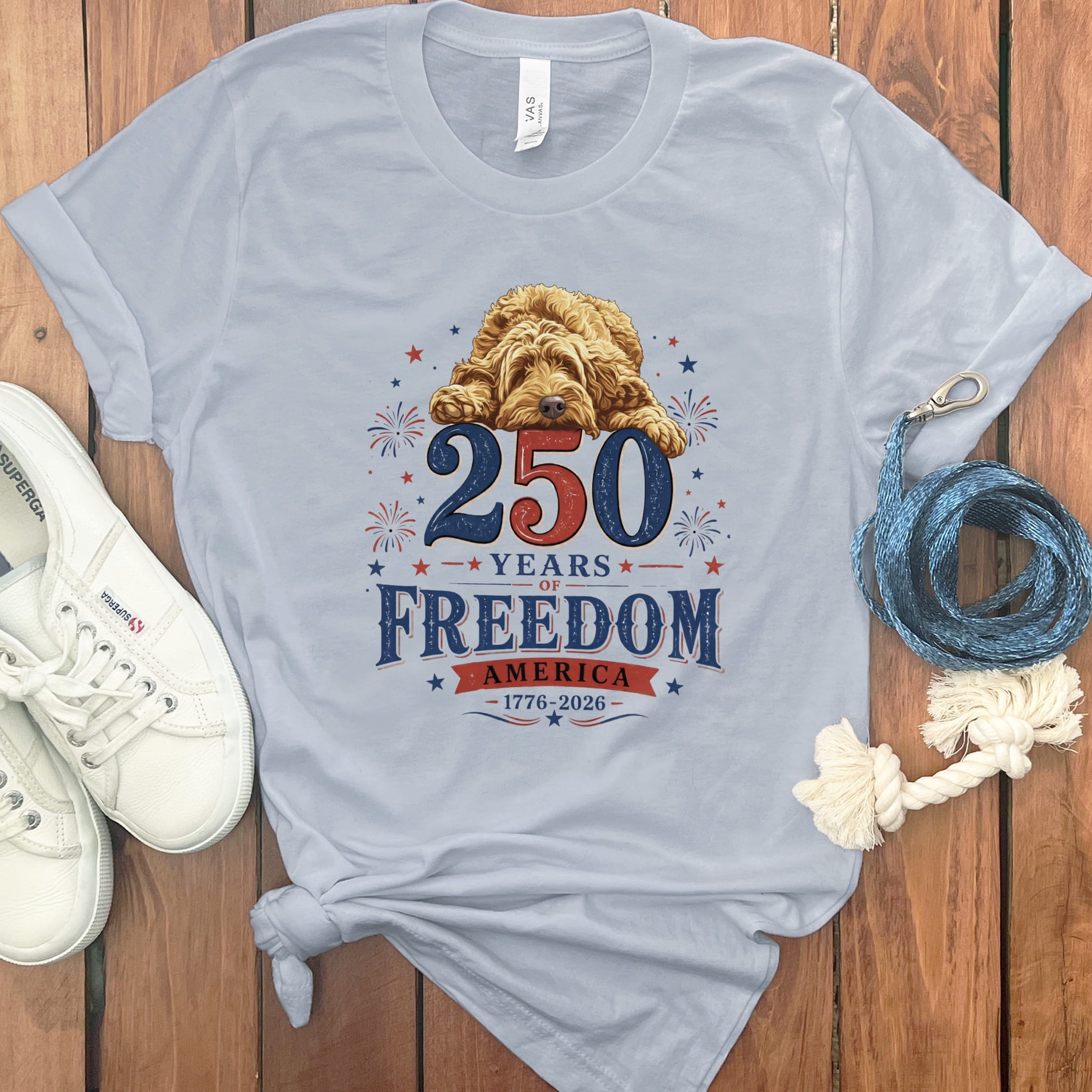 Golden Goldendoodle Freedom T-Shirt in Light Blue / S by Puppy Jo