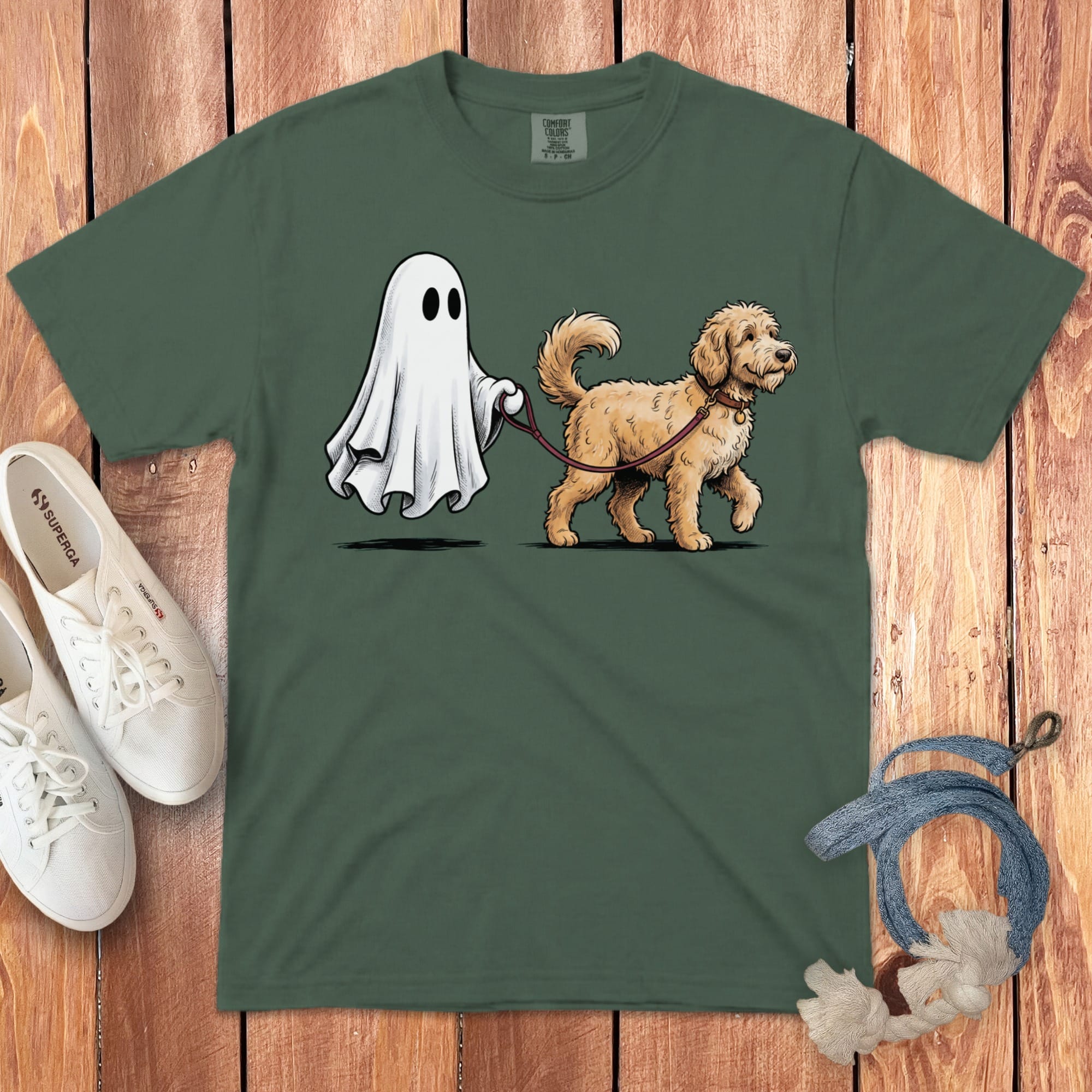 Golden Goldendoodle Ghost Walk Signature T-Shirt in Blue Spruce / S by Puppy Jo