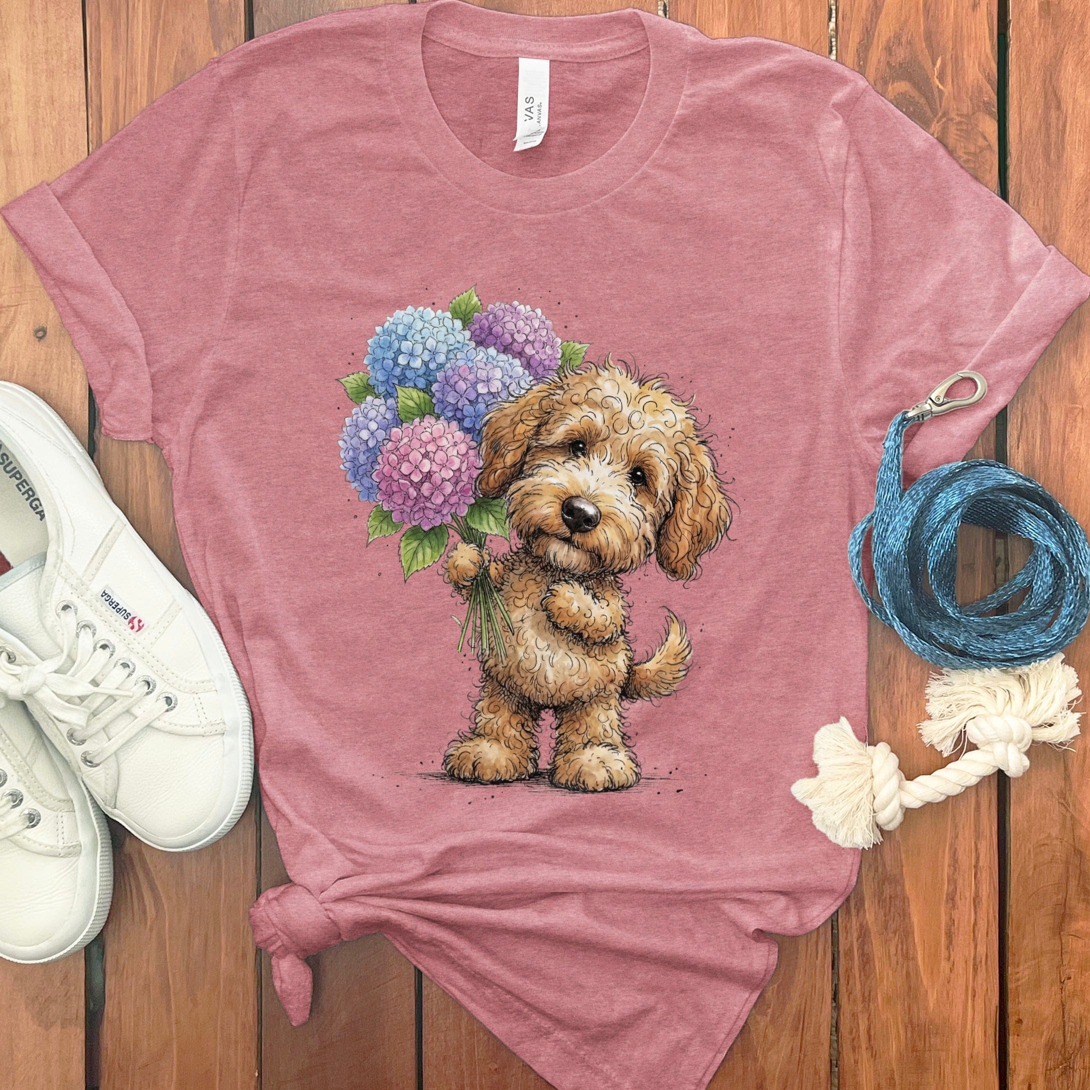 Golden Goldendoodle Lilacs T-Shirt in Heather Mauve / M by Puppy Jo