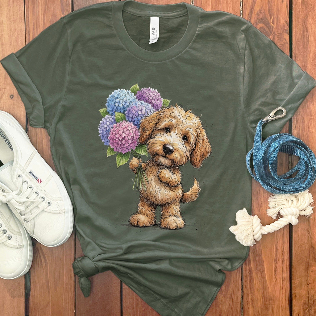 Golden Goldendoodle Lilacs T-Shirt in Military Green / M by Puppy Jo