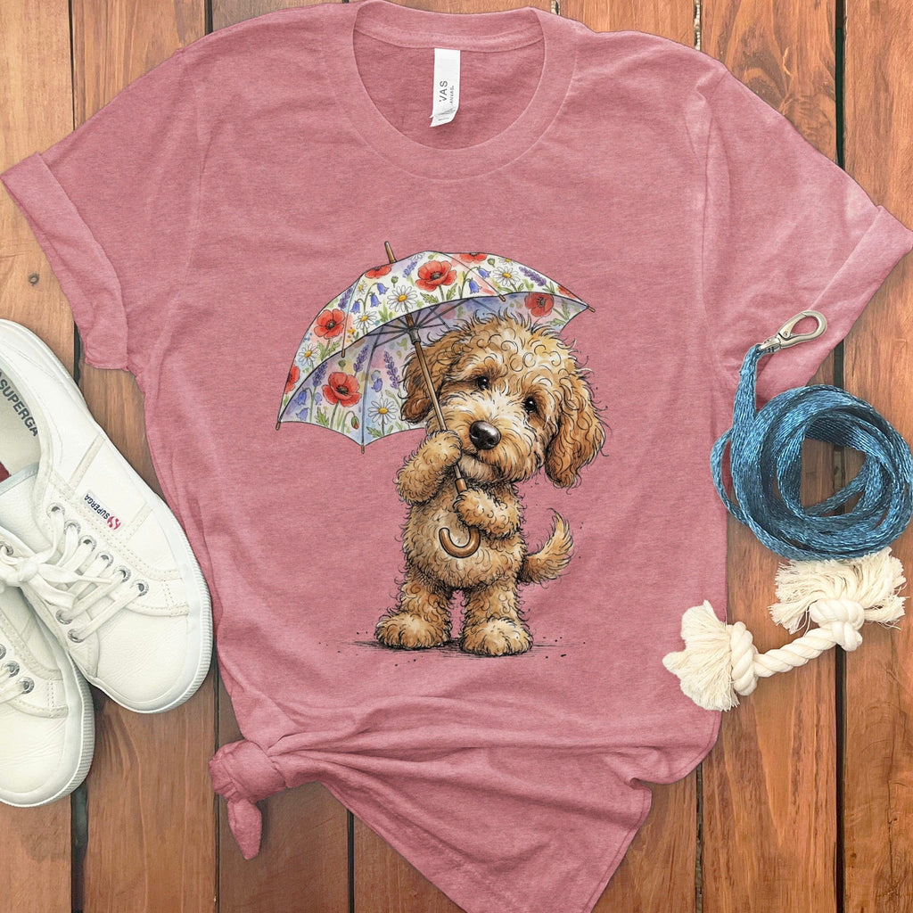 Golden Goldendoodle May Showers T-Shirt in Heather Mauve / M by Puppy Jo