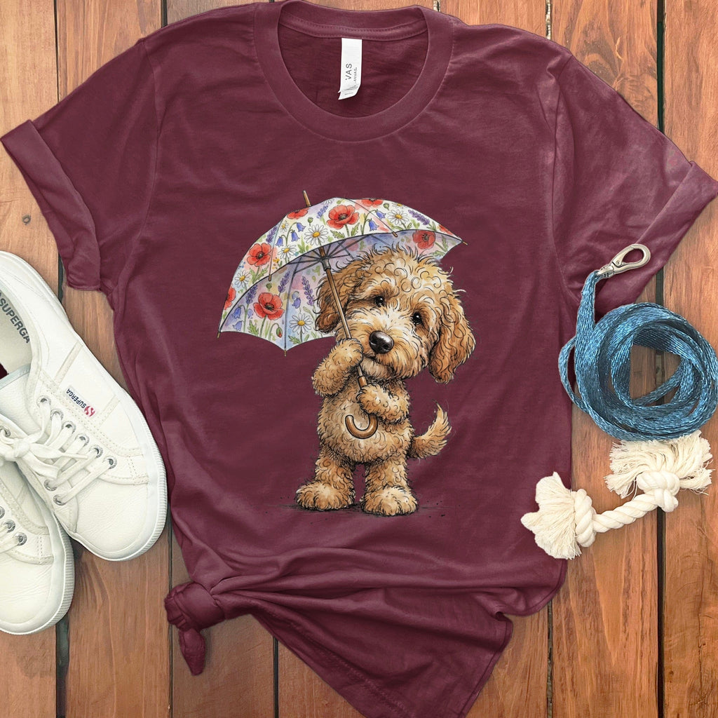 Golden Goldendoodle May Showers T-Shirt in Maroon / M by Puppy Jo