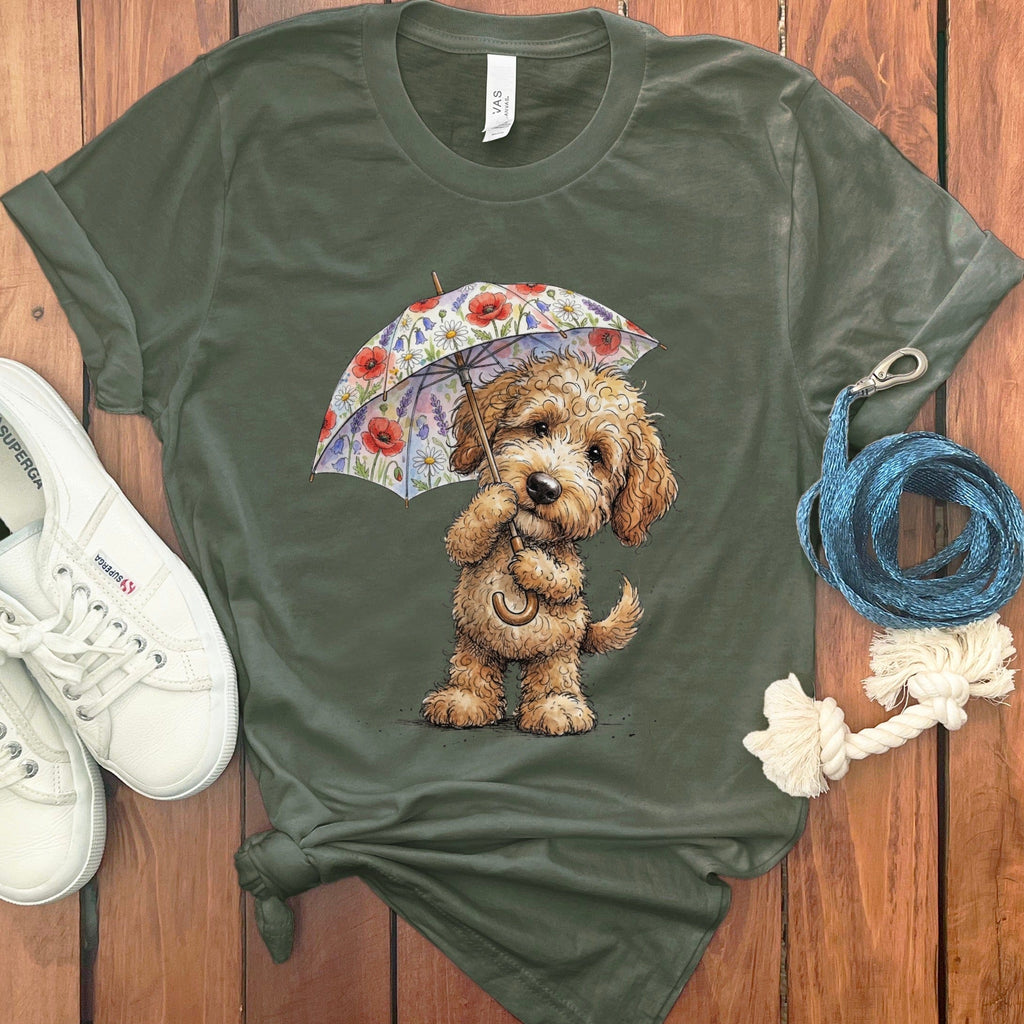 Golden Goldendoodle May Showers T-Shirt in Military Green / M by Puppy Jo