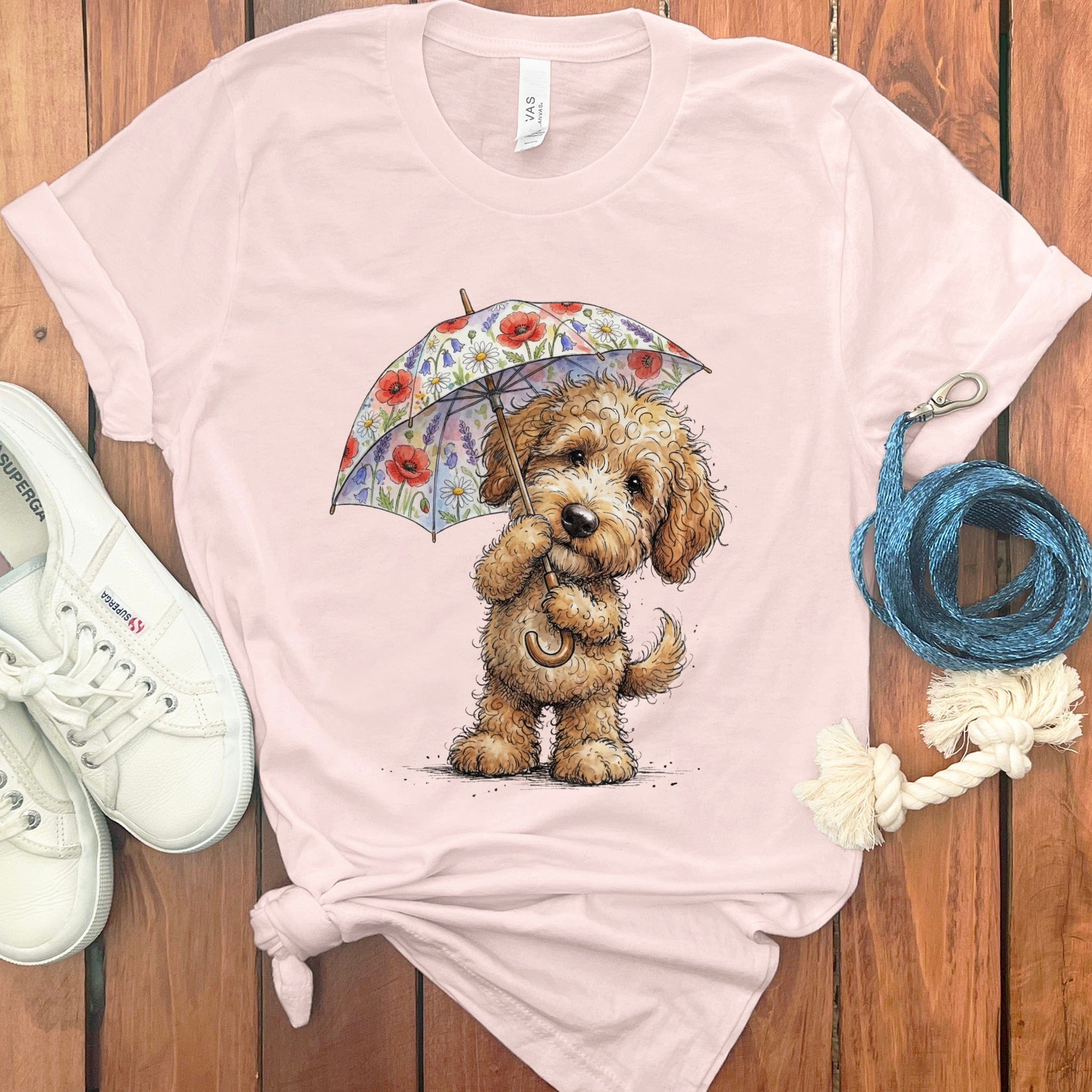 Golden Goldendoodle May Showers T-Shirt in Soft Pink / M by Puppy Jo
