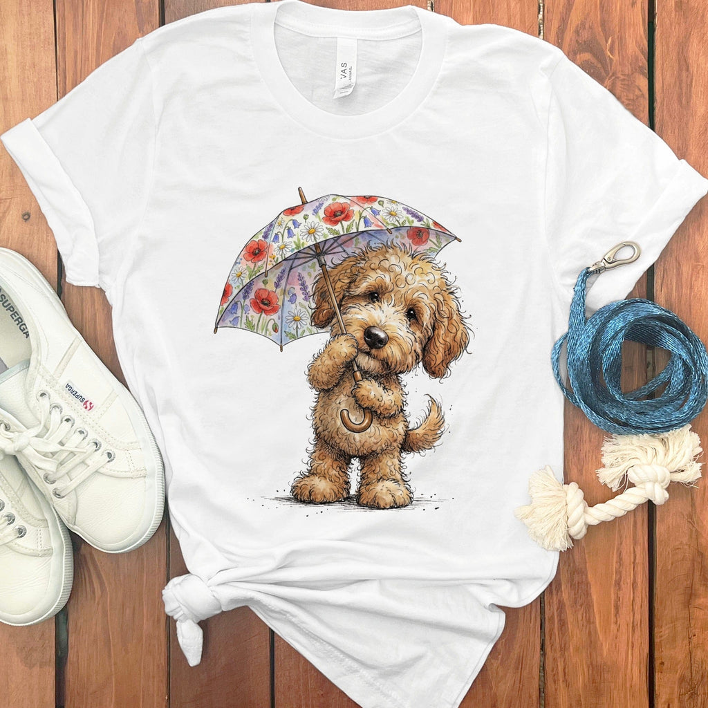 Golden Goldendoodle May Showers T-Shirt in White / M by Puppy Jo