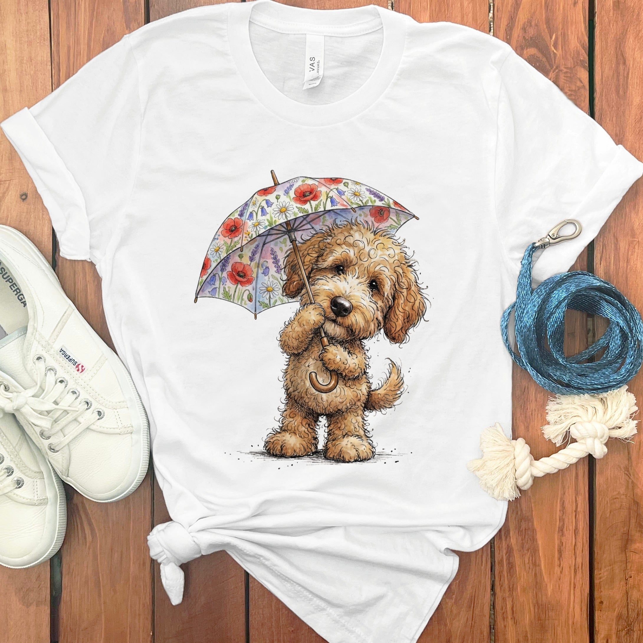 Golden Goldendoodle May Showers T-Shirt in White / M by Puppy Jo