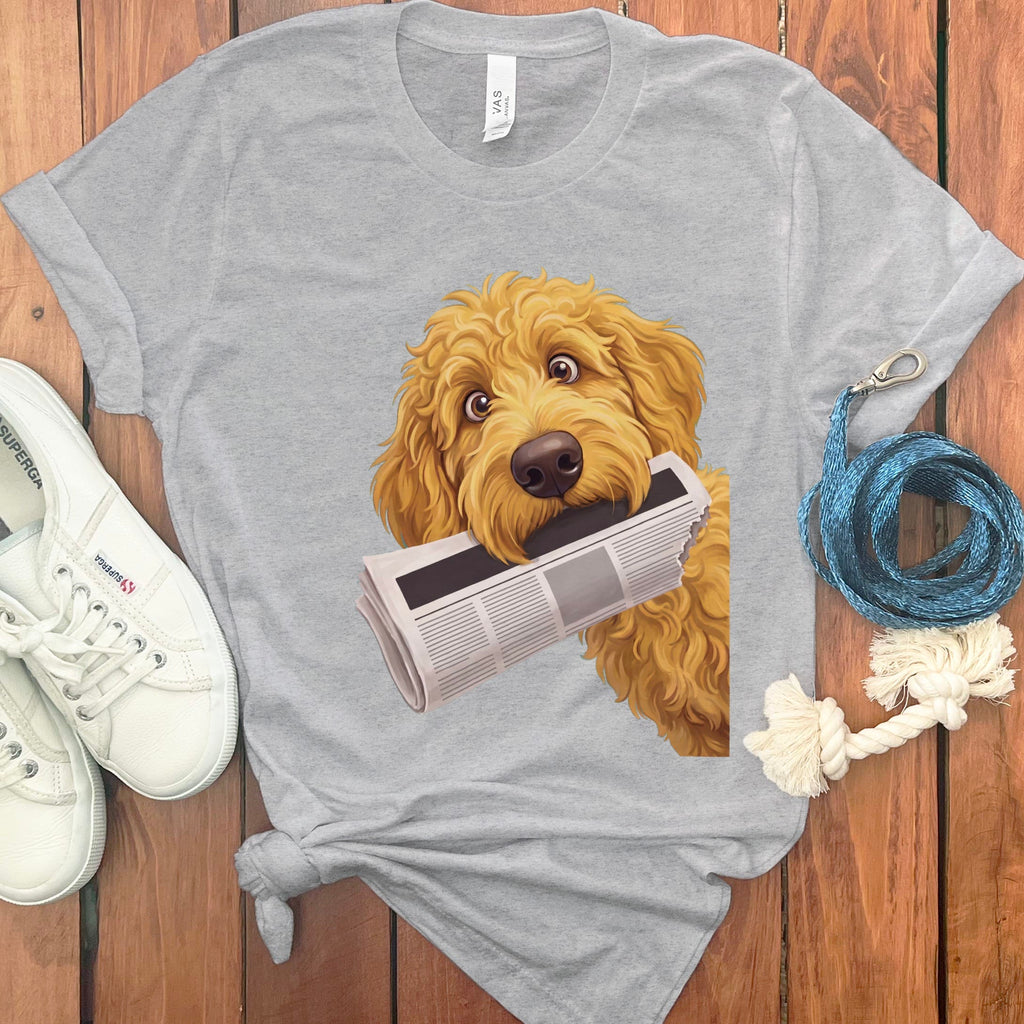 Golden Goldendoodle Newspaper T-Shirt in Athletic Heather / S by Puppy Jo