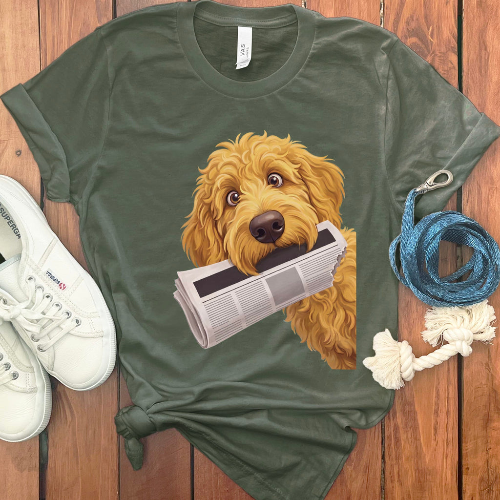 Golden Goldendoodle Newspaper T-Shirt in Military Green / S by Puppy Jo