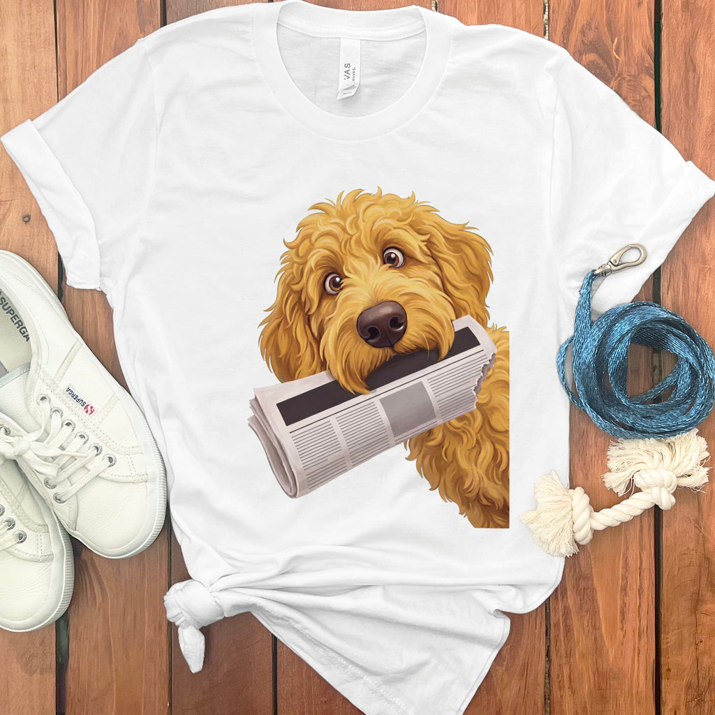 Golden Goldendoodle Newspaper T-Shirt in White / S by Puppy Jo