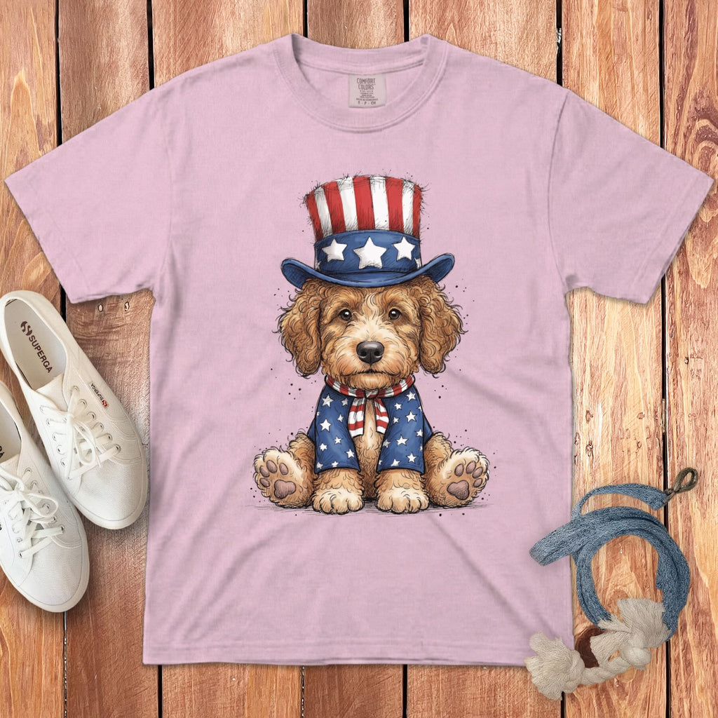 Golden Goldendoodle Patriotic Hat Signature T-Shirt in Blossom / S by Puppy Jo