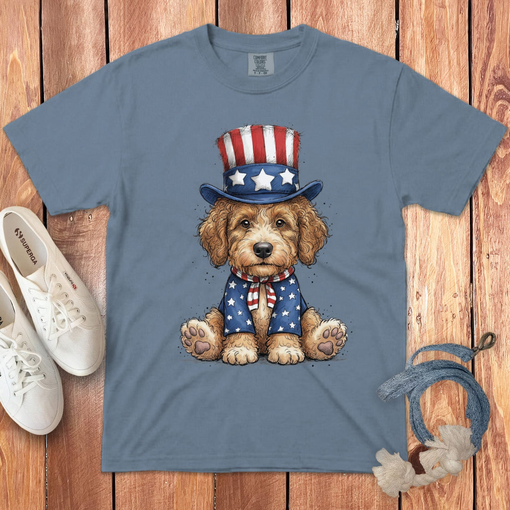 Golden Goldendoodle Patriotic Hat Signature T-Shirt in Blue Jean / S by Puppy Jo
