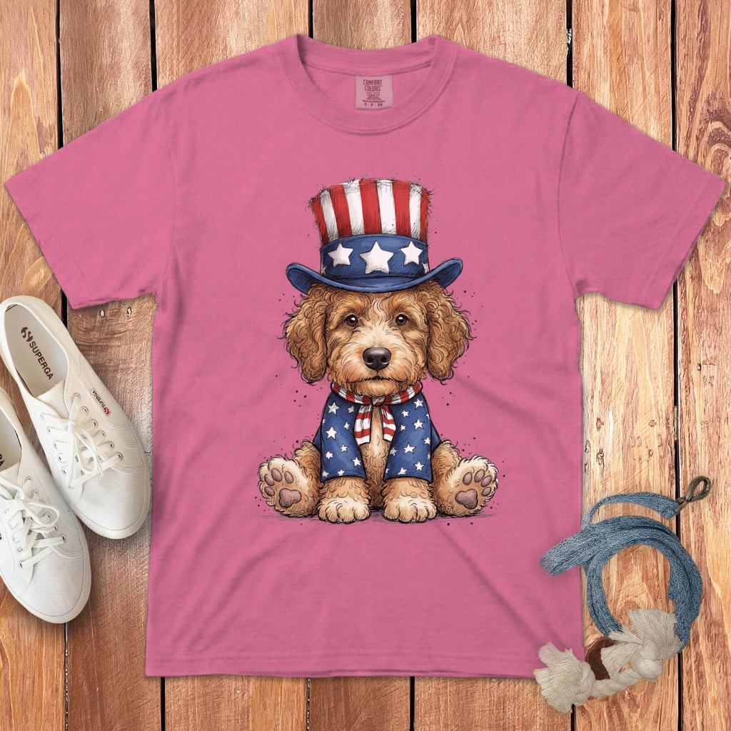 Golden Goldendoodle Patriotic Hat Signature T-Shirt in Crunchberry / S by Puppy Jo