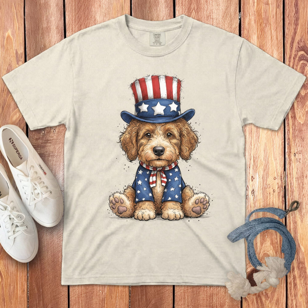 Golden Goldendoodle Patriotic Hat Signature T-Shirt in Ivory / S by Puppy Jo