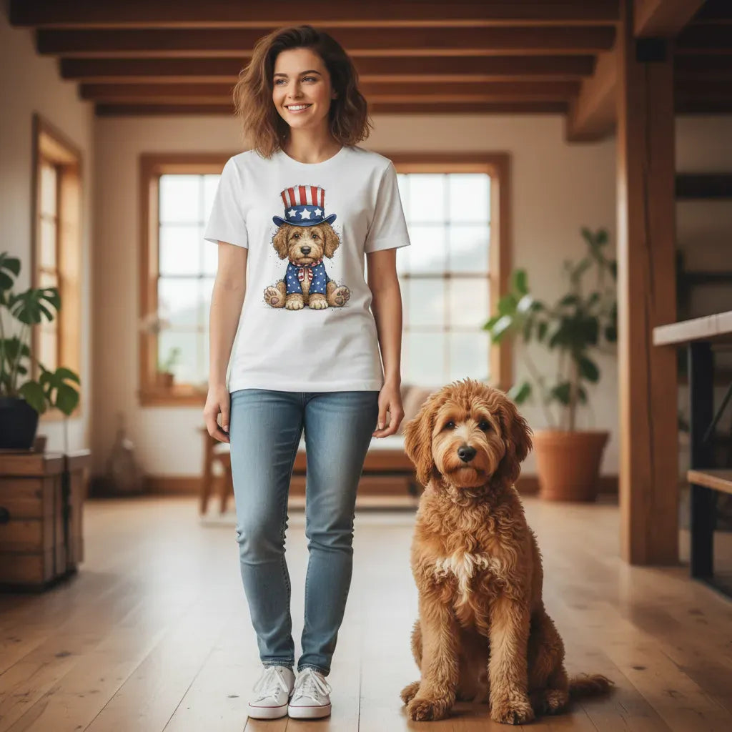 Golden Goldendoodle Patriotic Hat Signature T-Shirt in by Puppy Jo