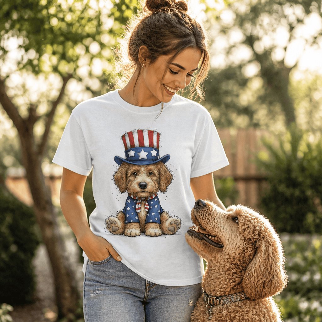 Golden Goldendoodle Patriotic Hat Signature T-Shirt in by Puppy Jo