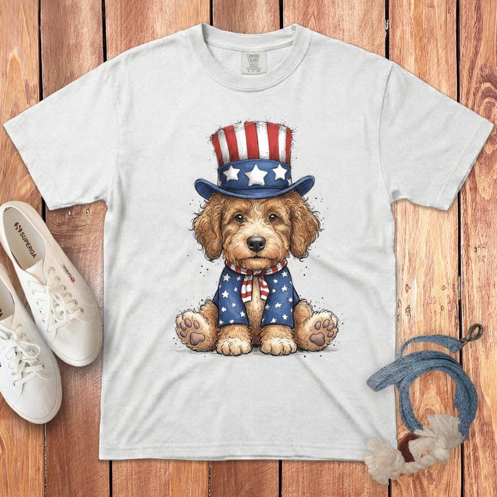 Golden Goldendoodle Patriotic Hat Signature T-Shirt in White / S by Puppy Jo