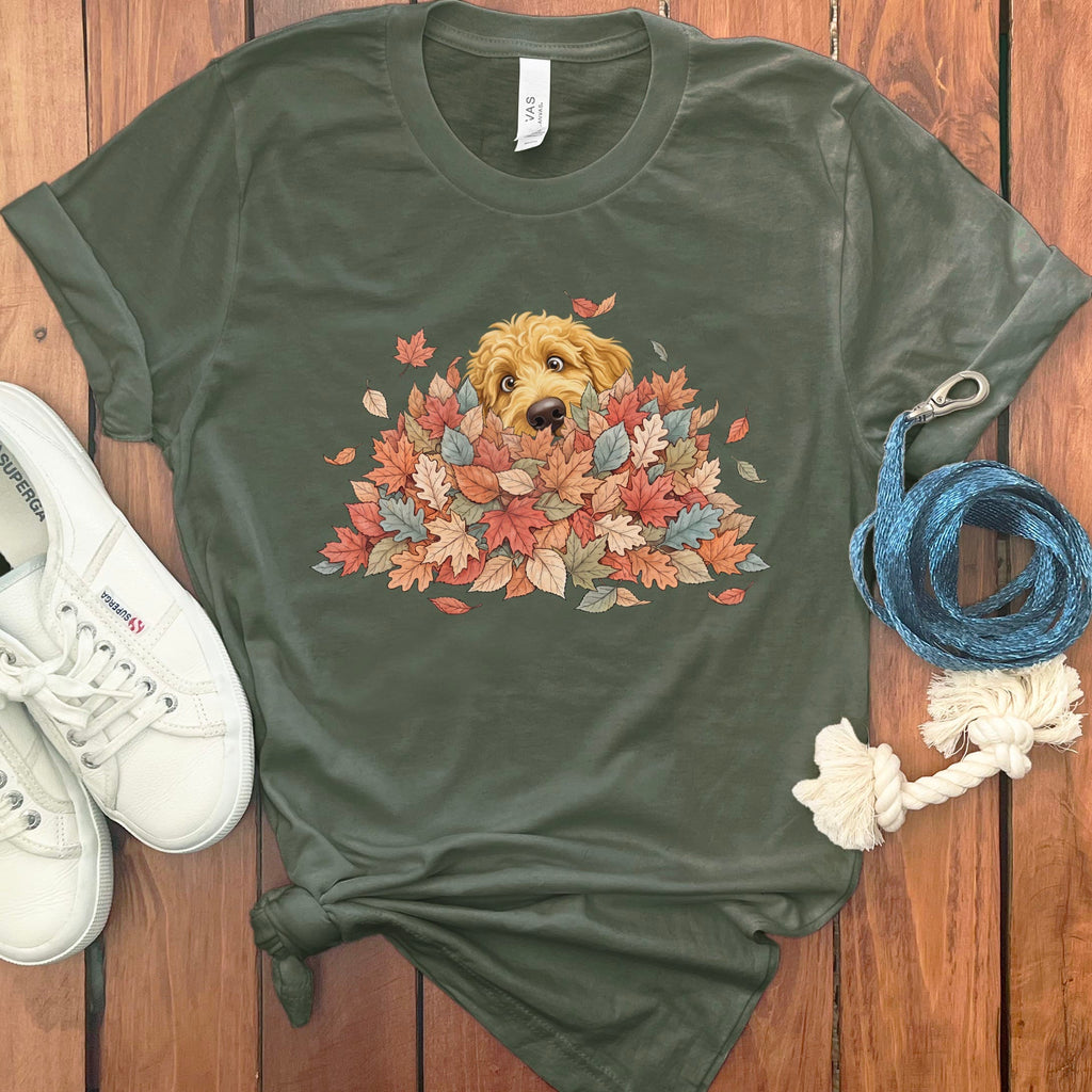 Golden Goldendoodle Peeking Leaf Pile T-Shirt in Military Green / S by Puppy Jo