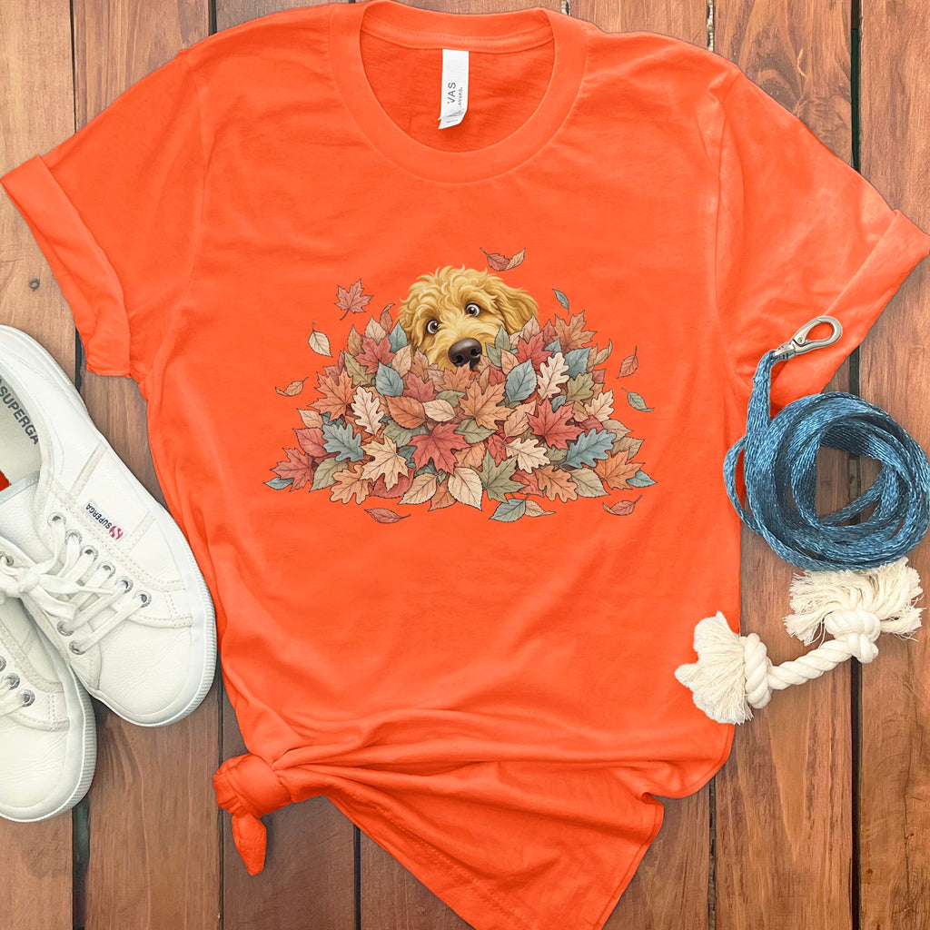 Golden Goldendoodle Peeking Leaf Pile T-Shirt in Orange / S by Puppy Jo