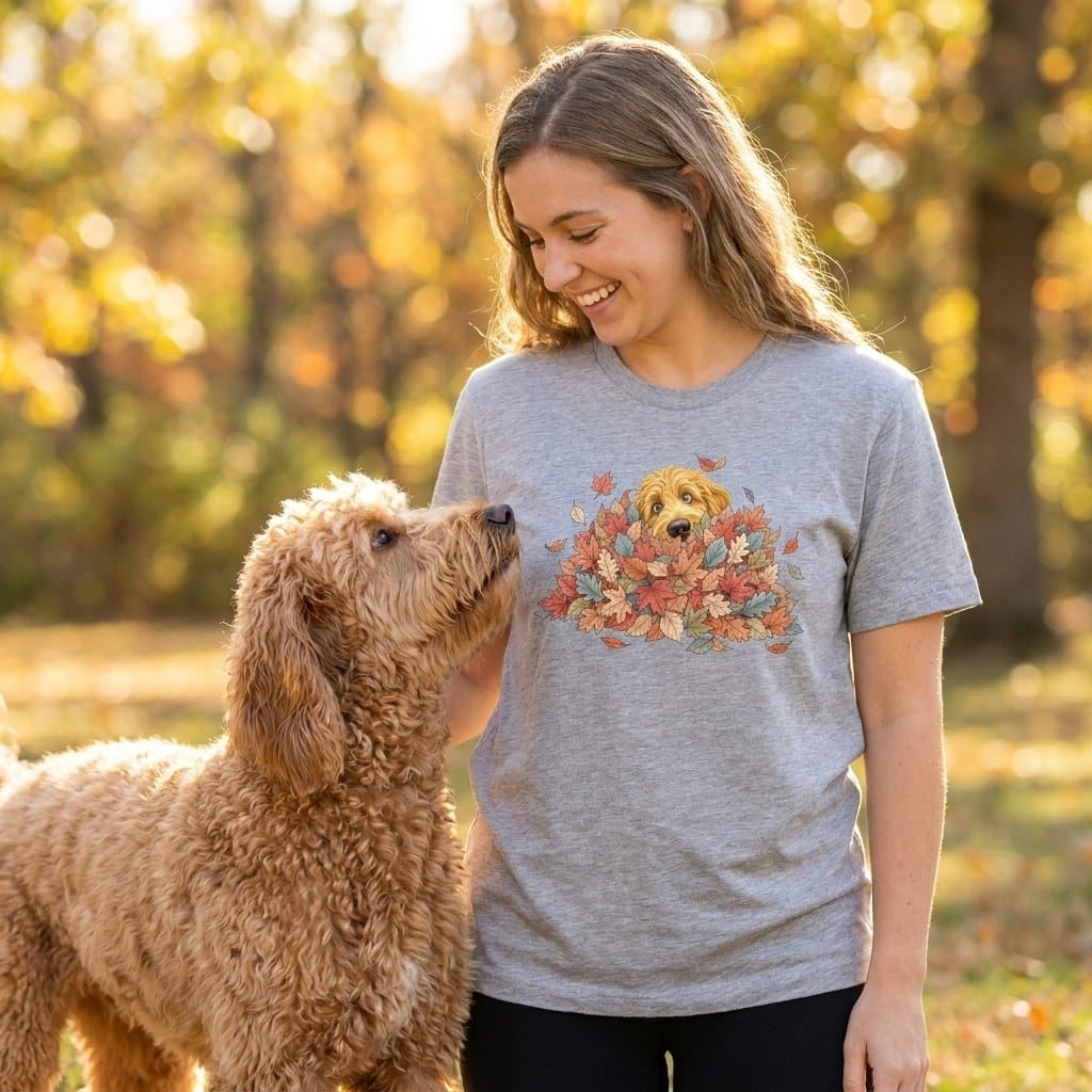 Golden Goldendoodle Peeking Leaf Pile T-Shirt in by Puppy Jo