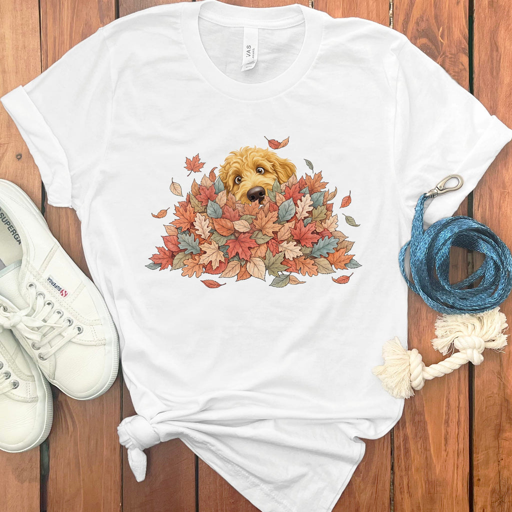 Golden Goldendoodle Peeking Leaf Pile T-Shirt in White / S by Puppy Jo