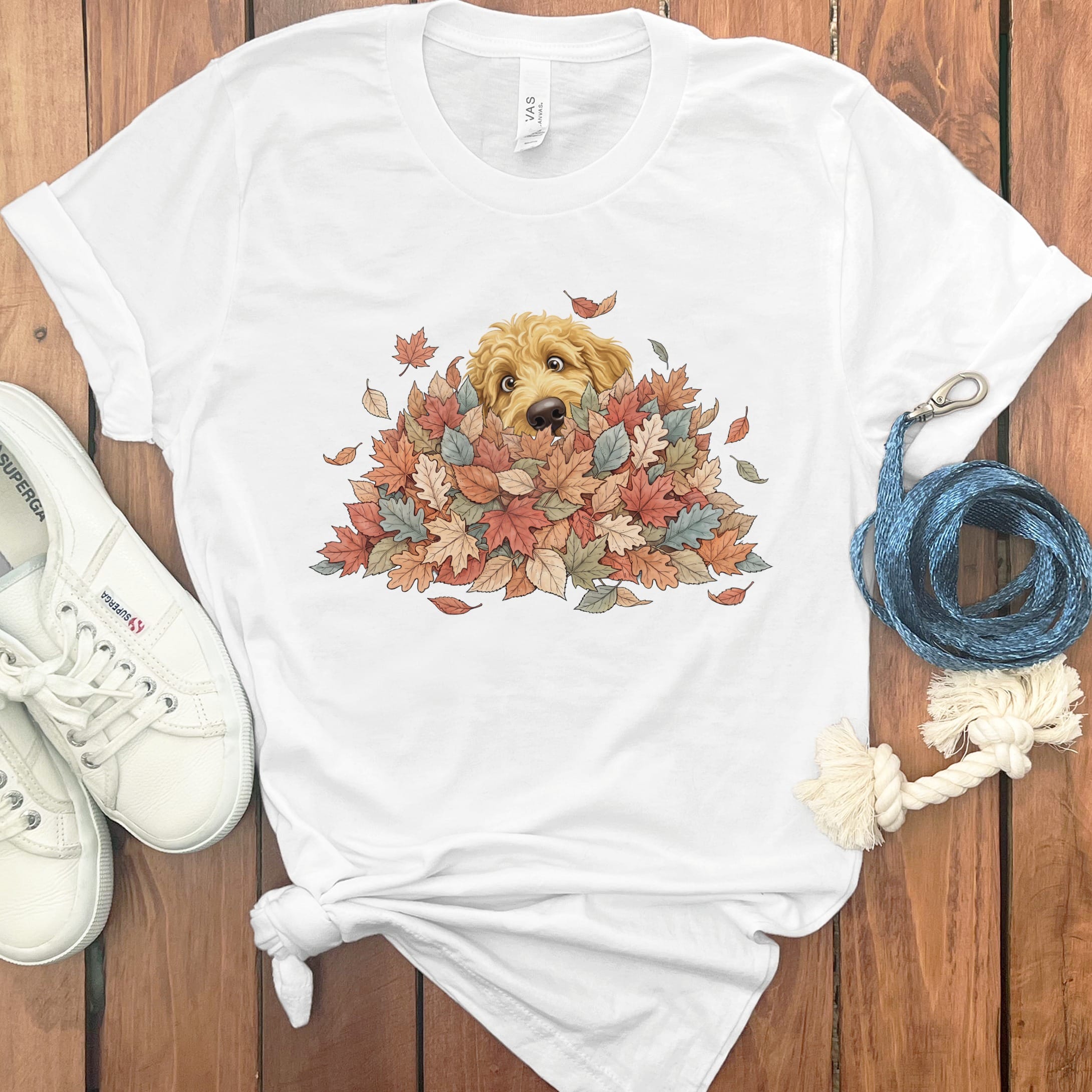 Golden Goldendoodle Peeking Leaf Pile T-Shirt in White / S by Puppy Jo