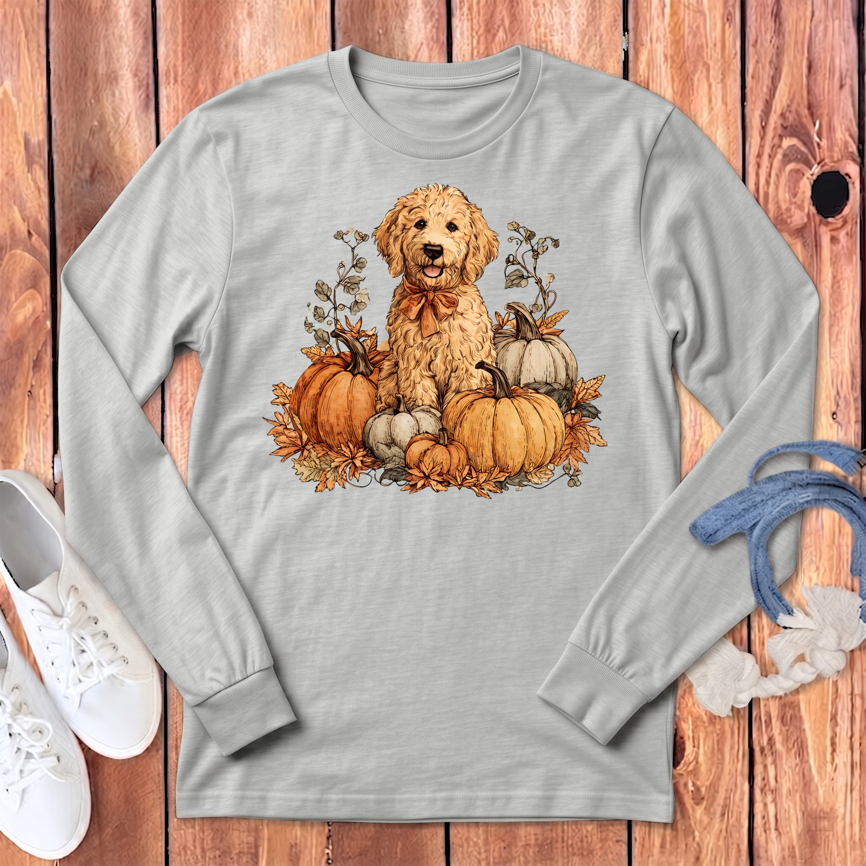 Golden Goldendoodle Pumpkin Time Long Sleeve T-Shirt in Athletic Heather / S by Puppy Jo