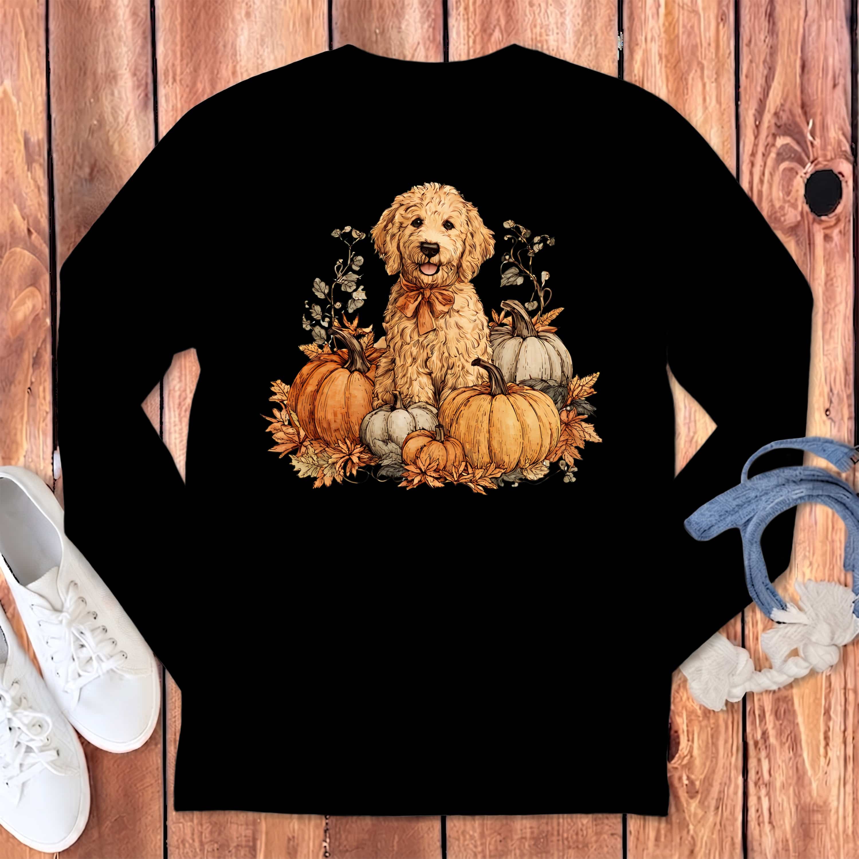 Golden Goldendoodle Pumpkin Time Long Sleeve T-Shirt in Black / S by Puppy Jo