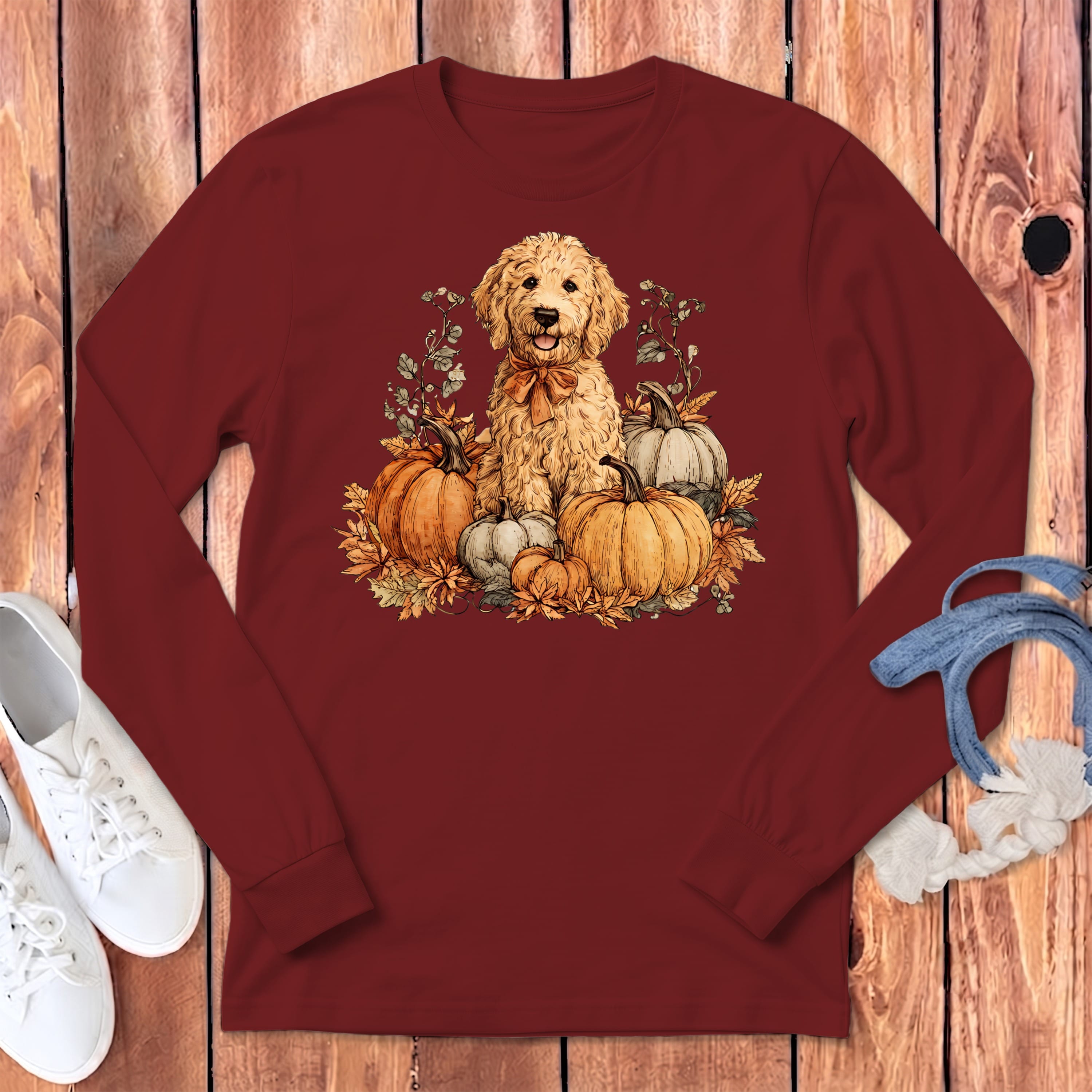 Golden Goldendoodle Pumpkin Time Long Sleeve T-Shirt in Cardinal / S by Puppy Jo