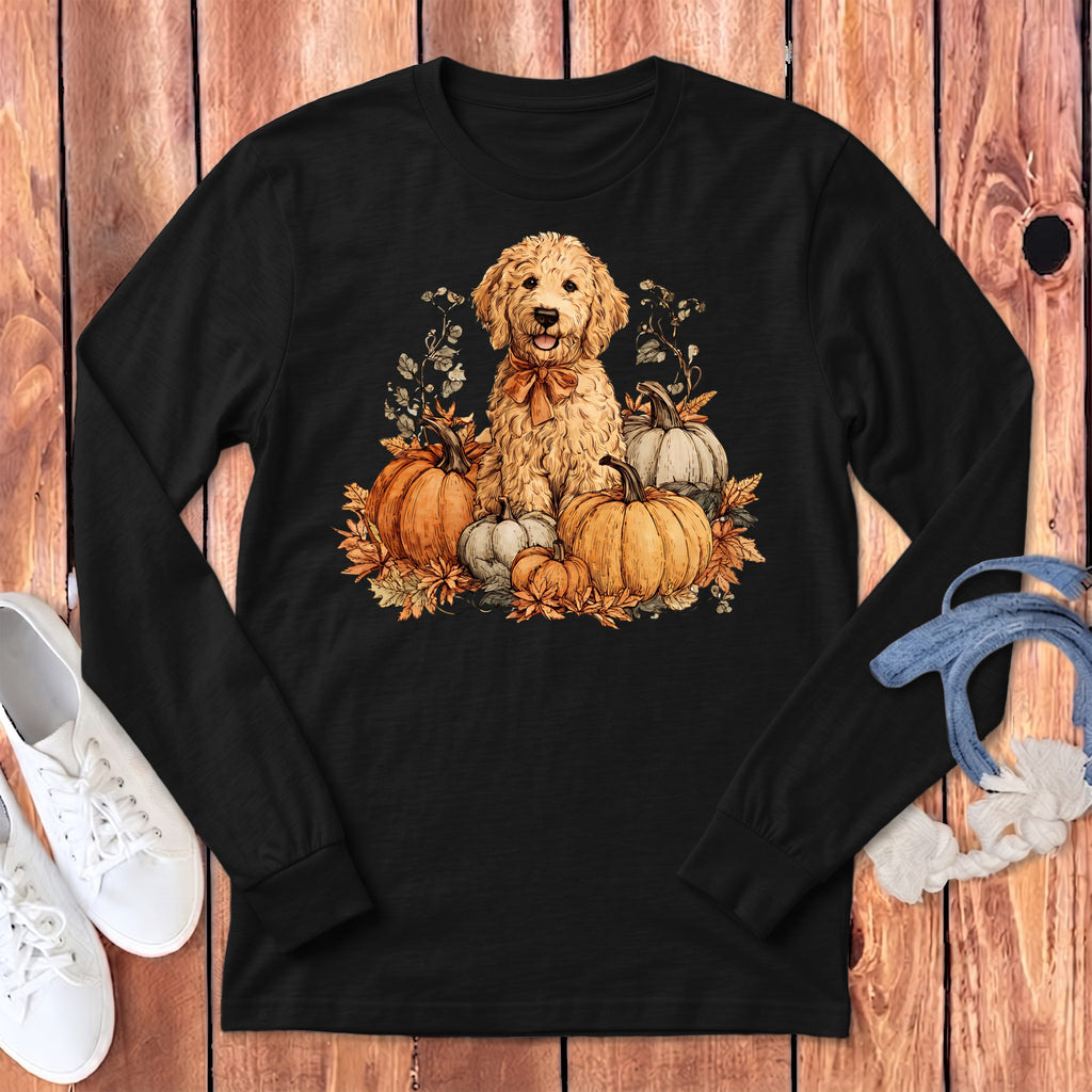 Golden Goldendoodle Pumpkin Time Long Sleeve T-Shirt in Dark Grey Heather / S by Puppy Jo