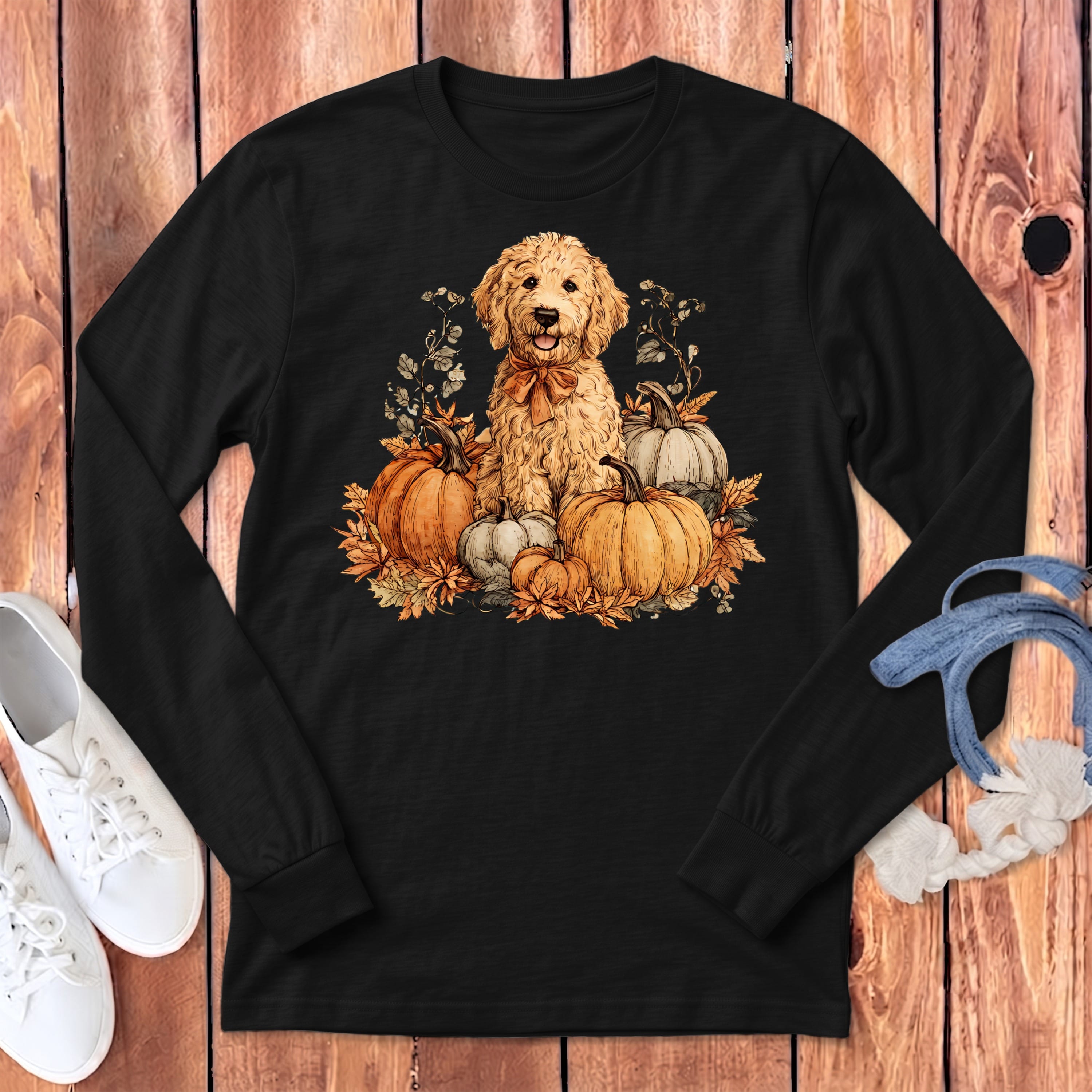 Golden Goldendoodle Pumpkin Time Long Sleeve T-Shirt in Dark Grey Heather / S by Puppy Jo