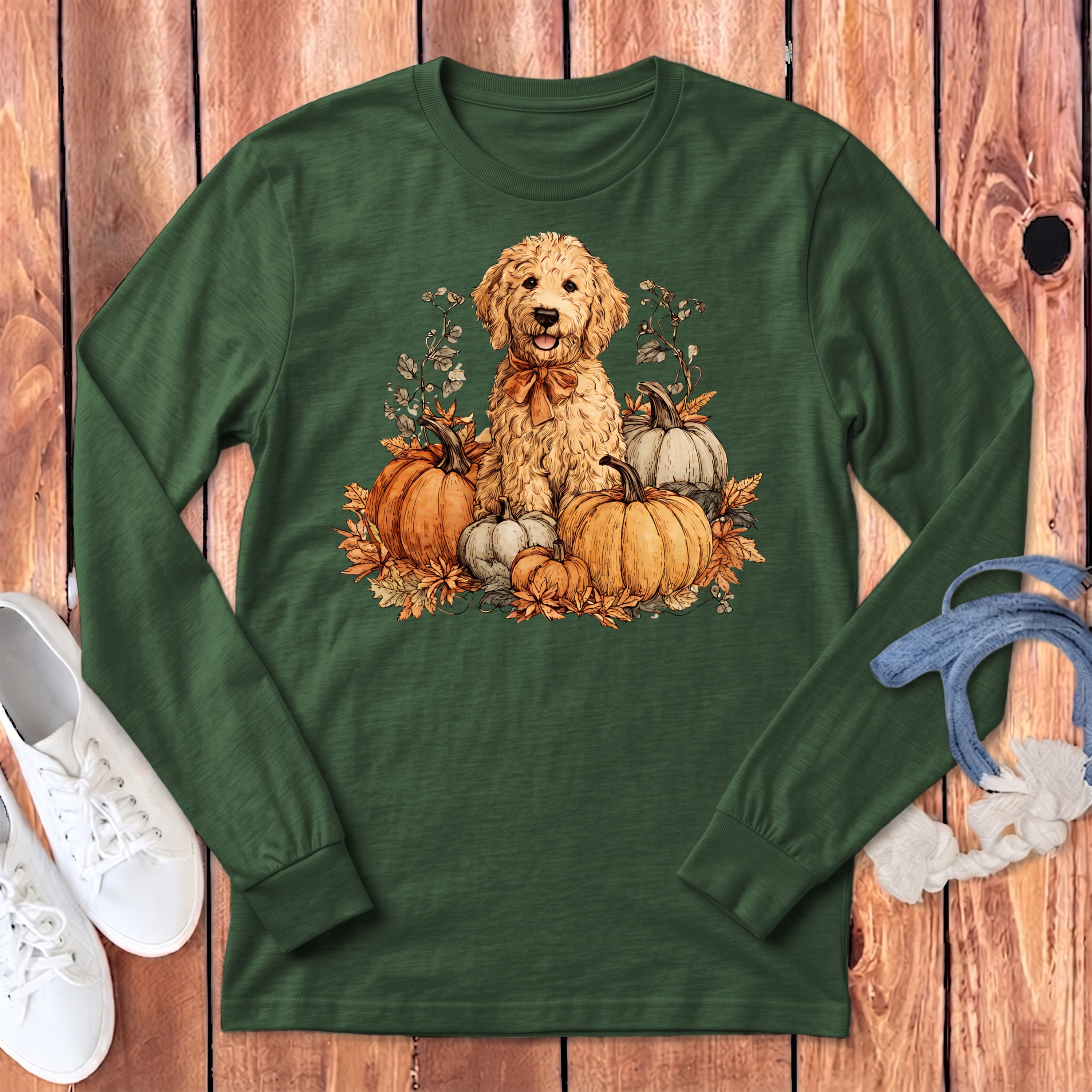 Golden Goldendoodle Pumpkin Time Long Sleeve T-Shirt in Heather Forest / S by Puppy Jo