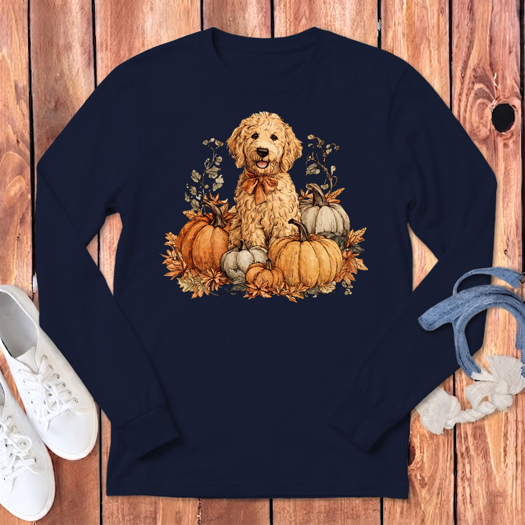 Golden Goldendoodle Pumpkin Time Long Sleeve T-Shirt in Navy / S by Puppy Jo