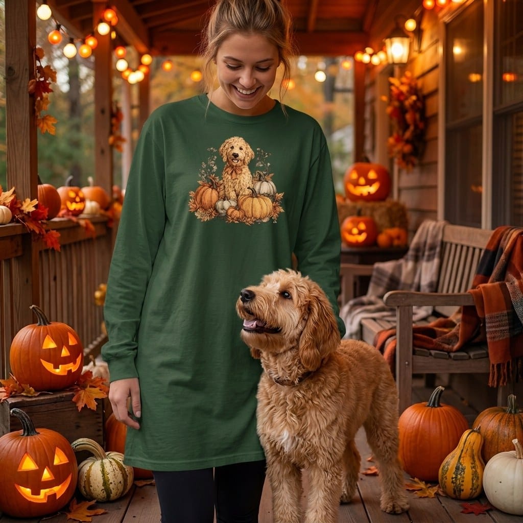 Golden Goldendoodle Pumpkin Time Long Sleeve T-Shirt in by Puppy Jo