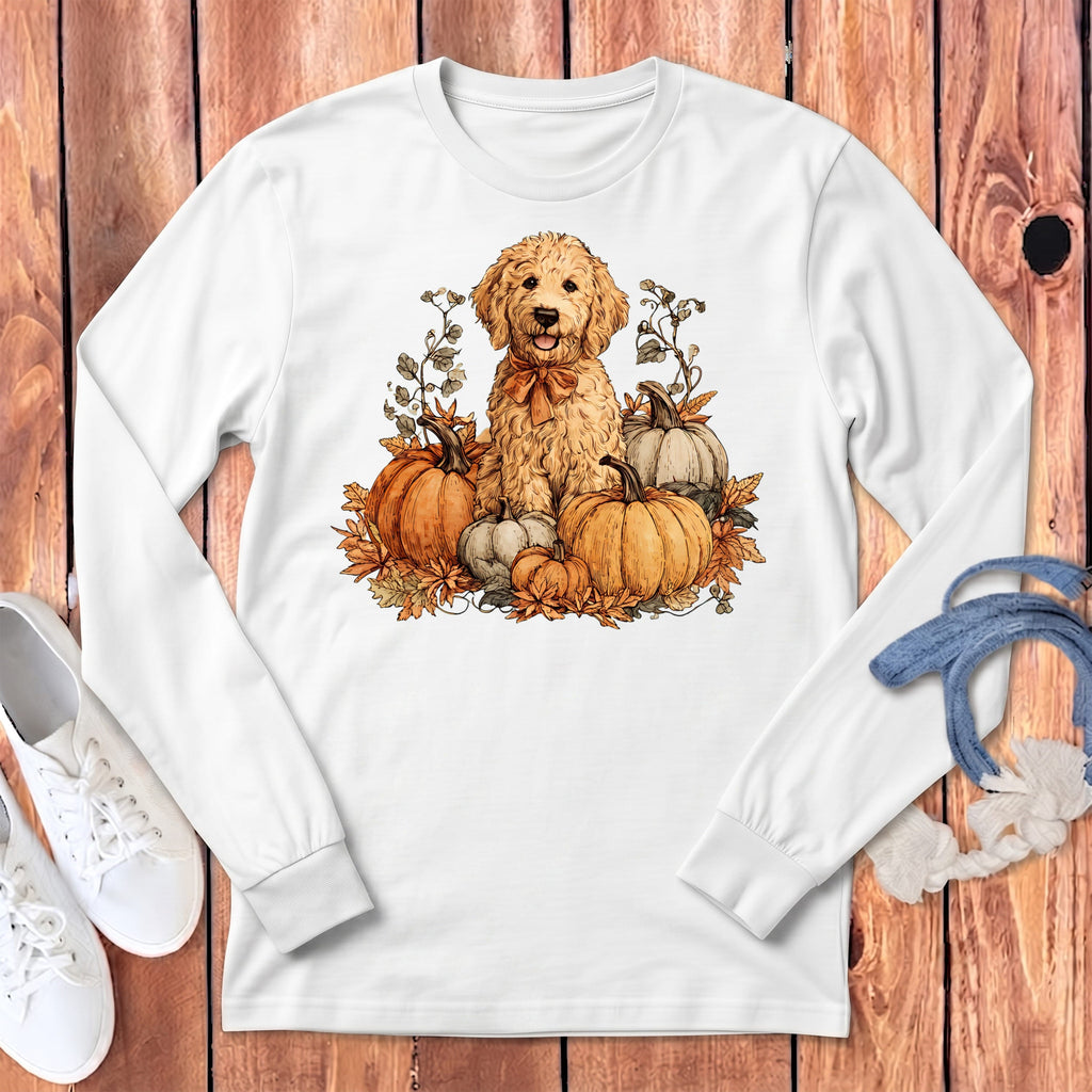 Golden Goldendoodle Pumpkin Time Long Sleeve T-Shirt in White / S by Puppy Jo