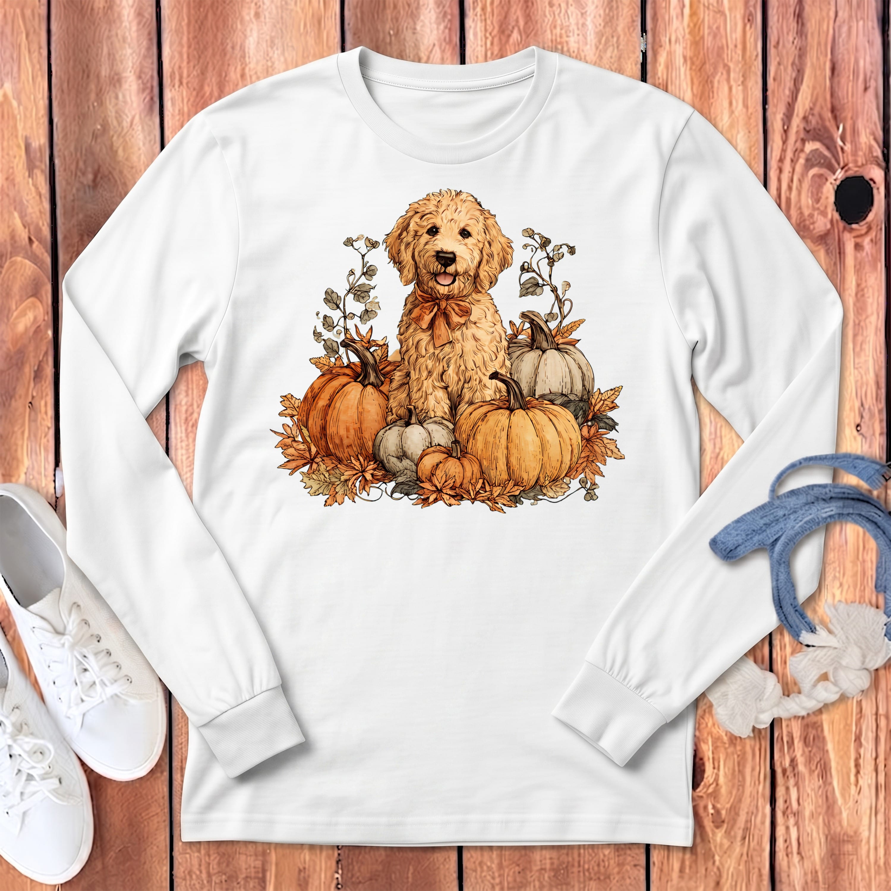Golden Goldendoodle Pumpkin Time Long Sleeve T-Shirt in White / S by Puppy Jo