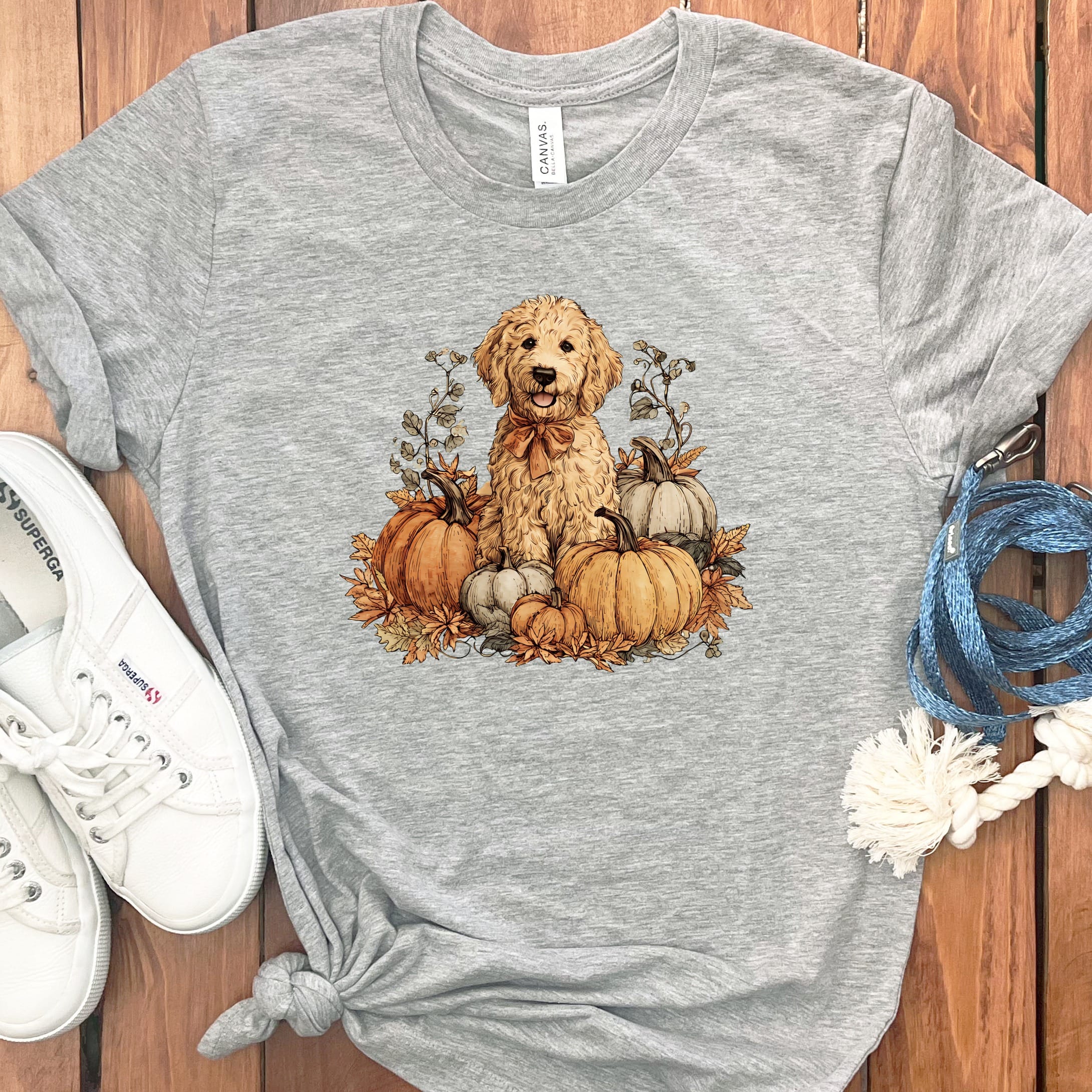 Golden Goldendoodle Pumpkin Time T-Shirt in Athletic Heather / S by Puppy Jo